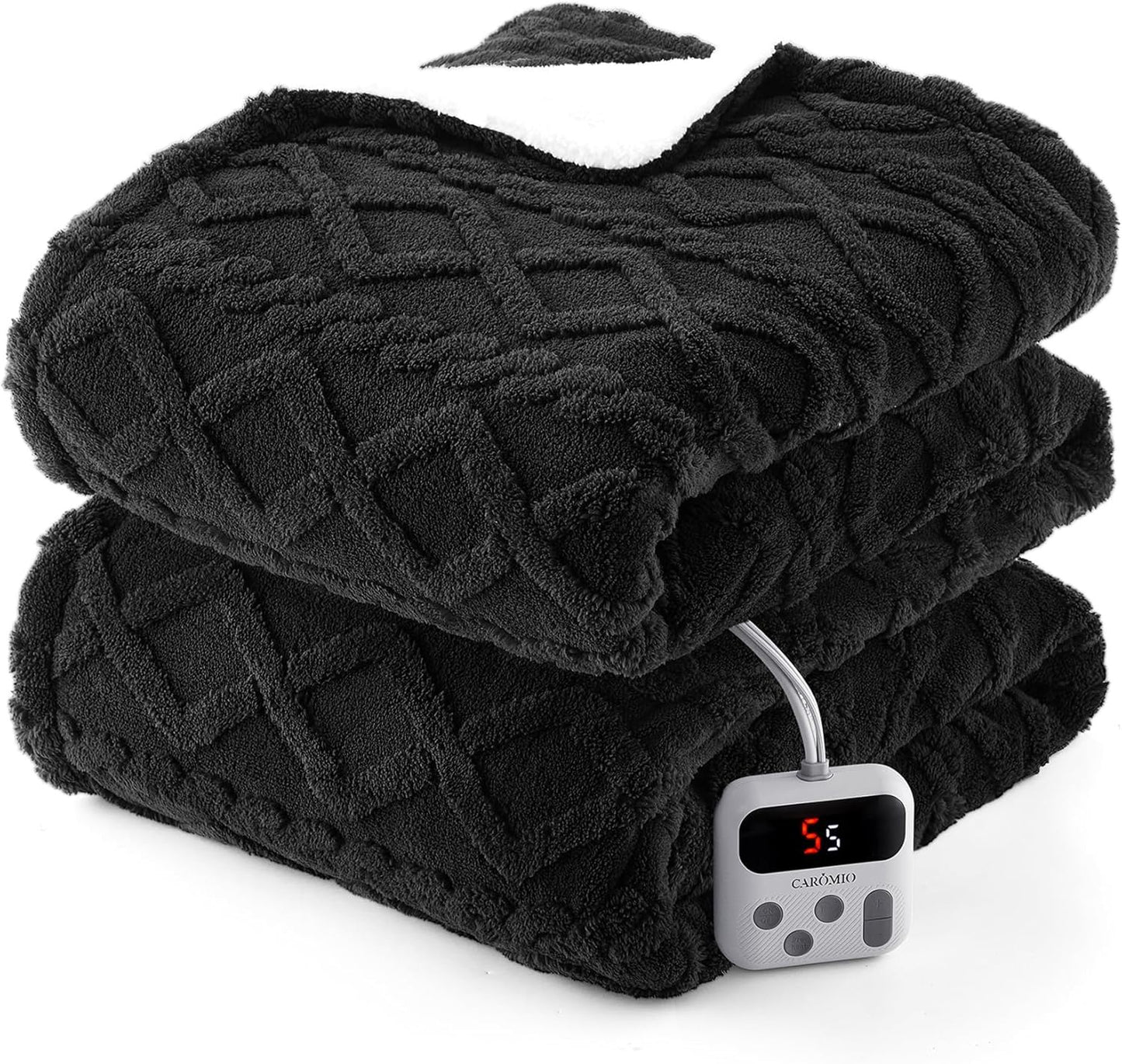 CAROMIO Electric Blanket Full Size - Thick Tufted Sherpa Heated Blanket Full Size with 10 Heating Levels and 10 Time Settings, ETL Certified Machine Washable Fast Heating Blanket Full 72"×84", Black