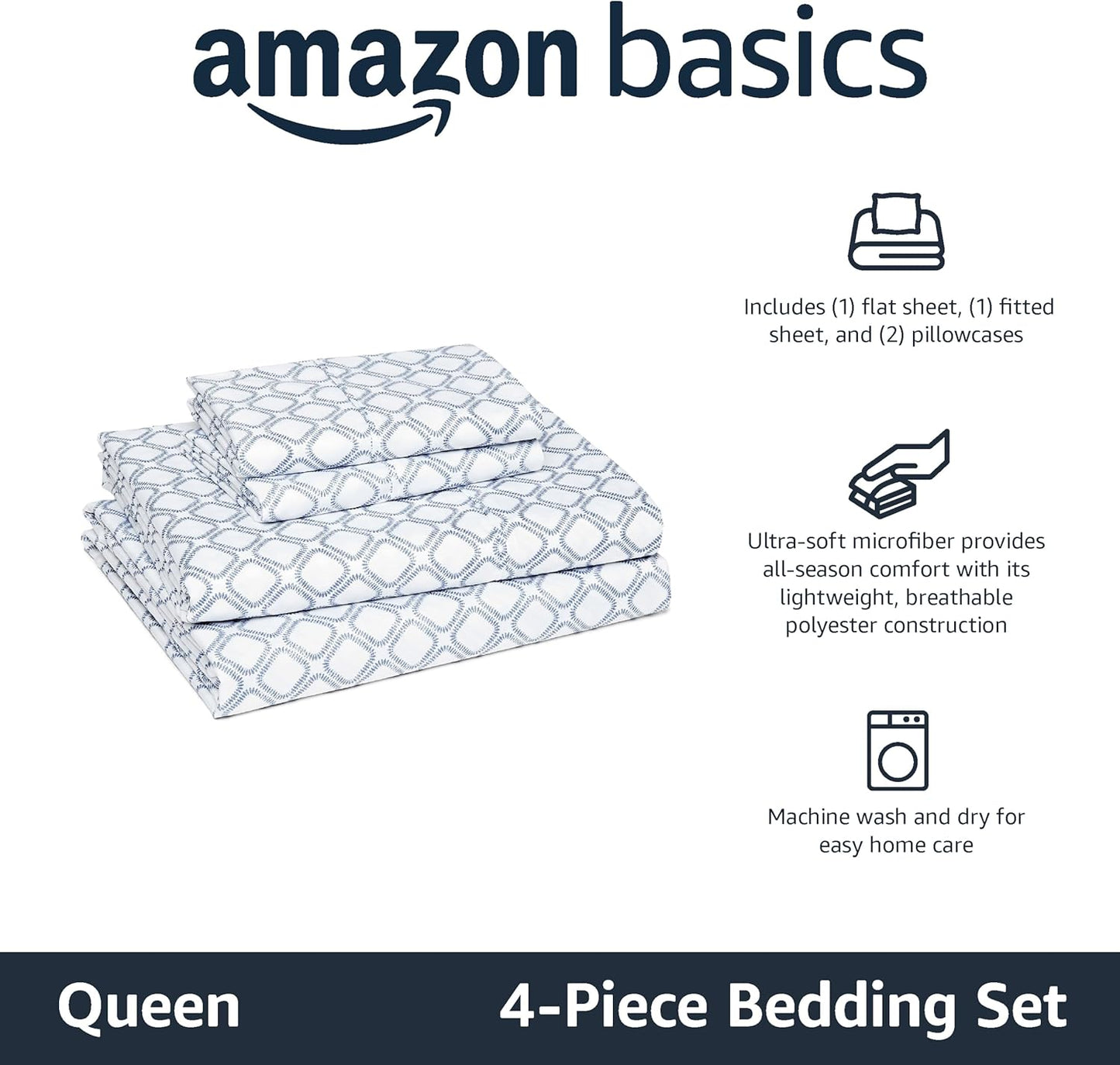 Amazon Basics Lightweight Microfiber 4-Piece Bed Sheet Set, Aqua, Printed, Queen