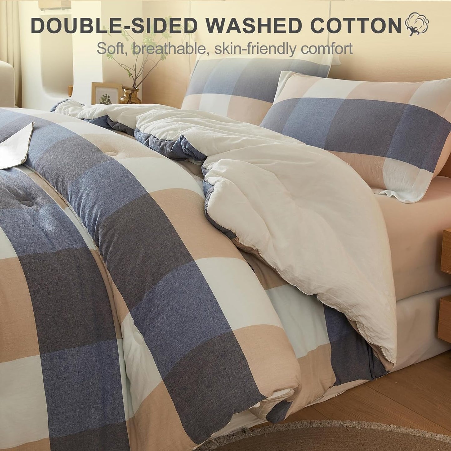 100% Cotton Comforter Set Full Size – Reversible Yarn-Dyed Checkered Design, Soft Washed Cotton on Both Sides, Lightweight All-Season Bedding, Machine Washable(Blue White Plaid, 80”x90”)