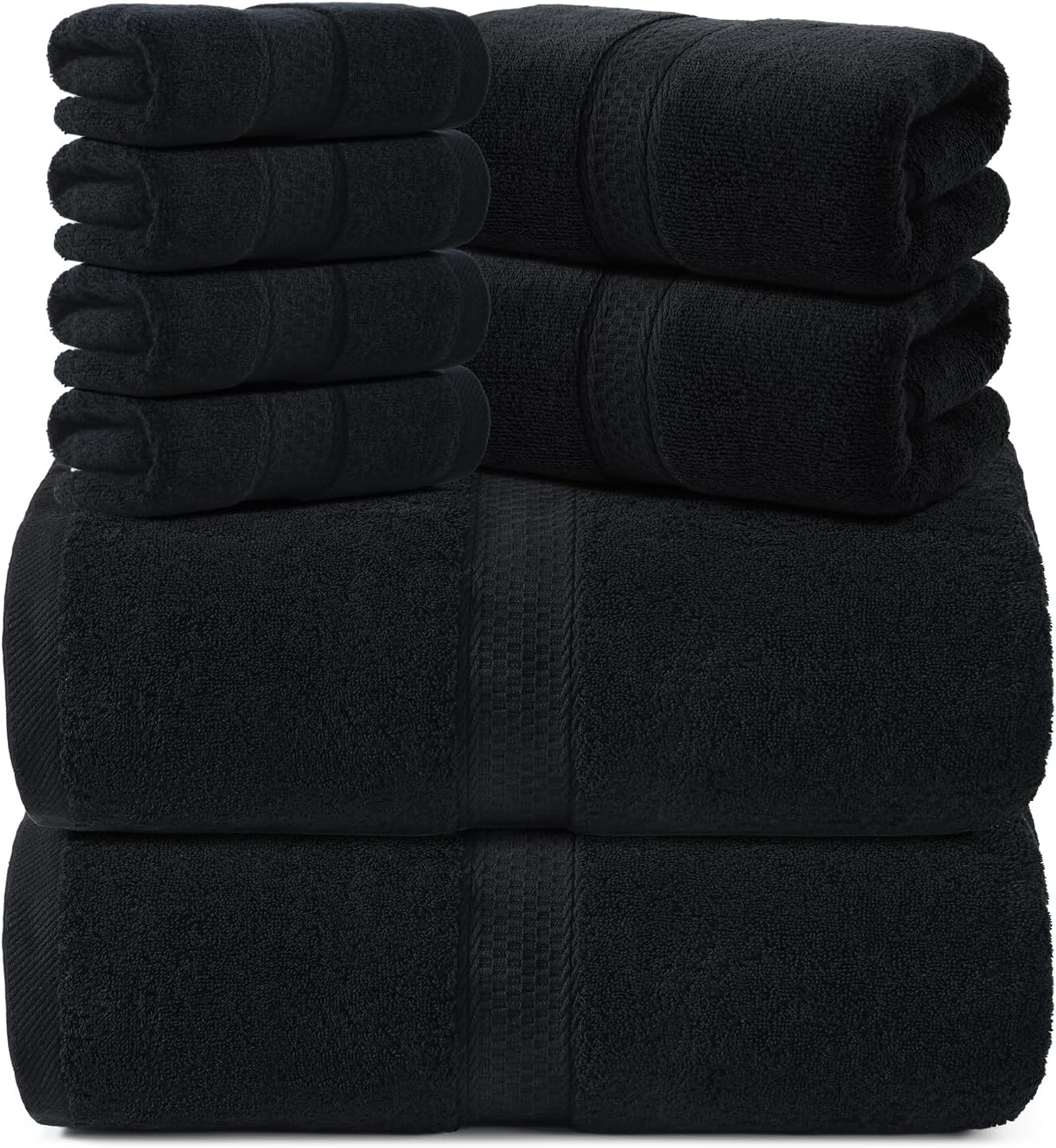REDKISS Luxury 100% Cotton 8 Piece Bath Towel Sets, 2 Bath Sheets (35x70 in), 2 Hand, 4 Washcloths, Super Absorbent & Quick-Dry Shower Towel for Bathroom Spa Gym Hotel Yoga - Black