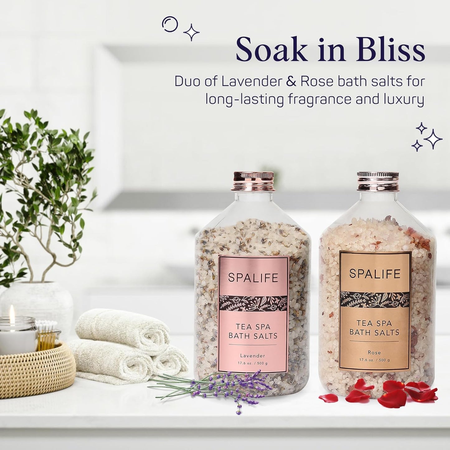SpaLife Tea Spa Petal-Infused Effervescent Mineral Bath Salts - Lavender & Rose, 2-Pack 17.6 oz. ea for Relaxing Aromatherapy and Soothing Soaks