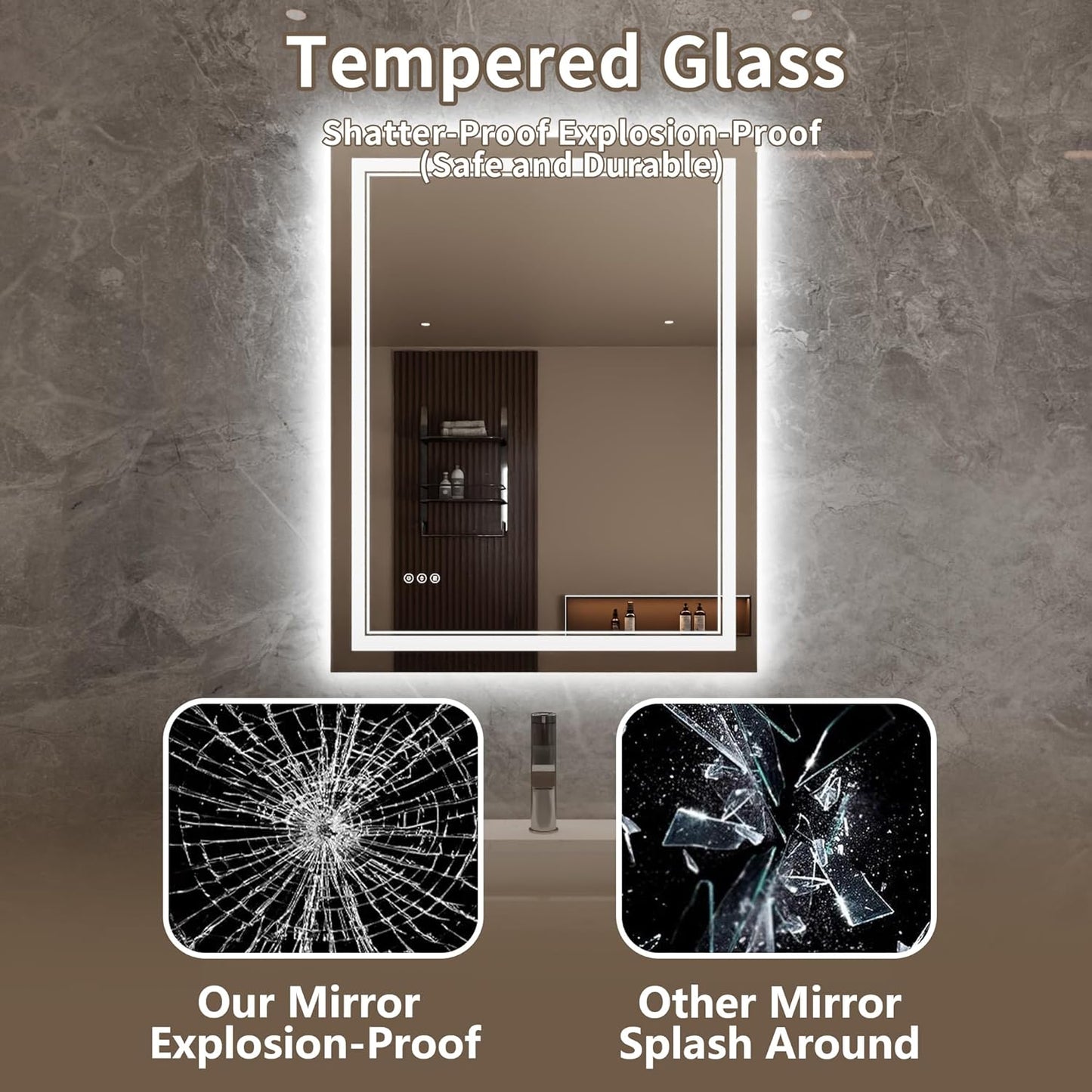 Bathroom Mirror with Lights 32"X40" with Front Light and Backlit, Tempered Glass, Wall Mount Horizontal/Vertical, Stepless Dimmable, 3 Colors, Anti Fog, Bathroom Memory LED Mirror