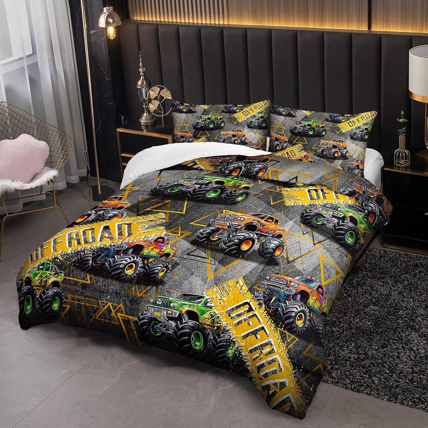 Queen Size Monster Truck Comforter Sets for Boys，Monster Truck Queen Size Bedding Sets Boys，with 1 Comforter with 2 Pillow Case，Kids Monster Truck Themed Bedroom Decor