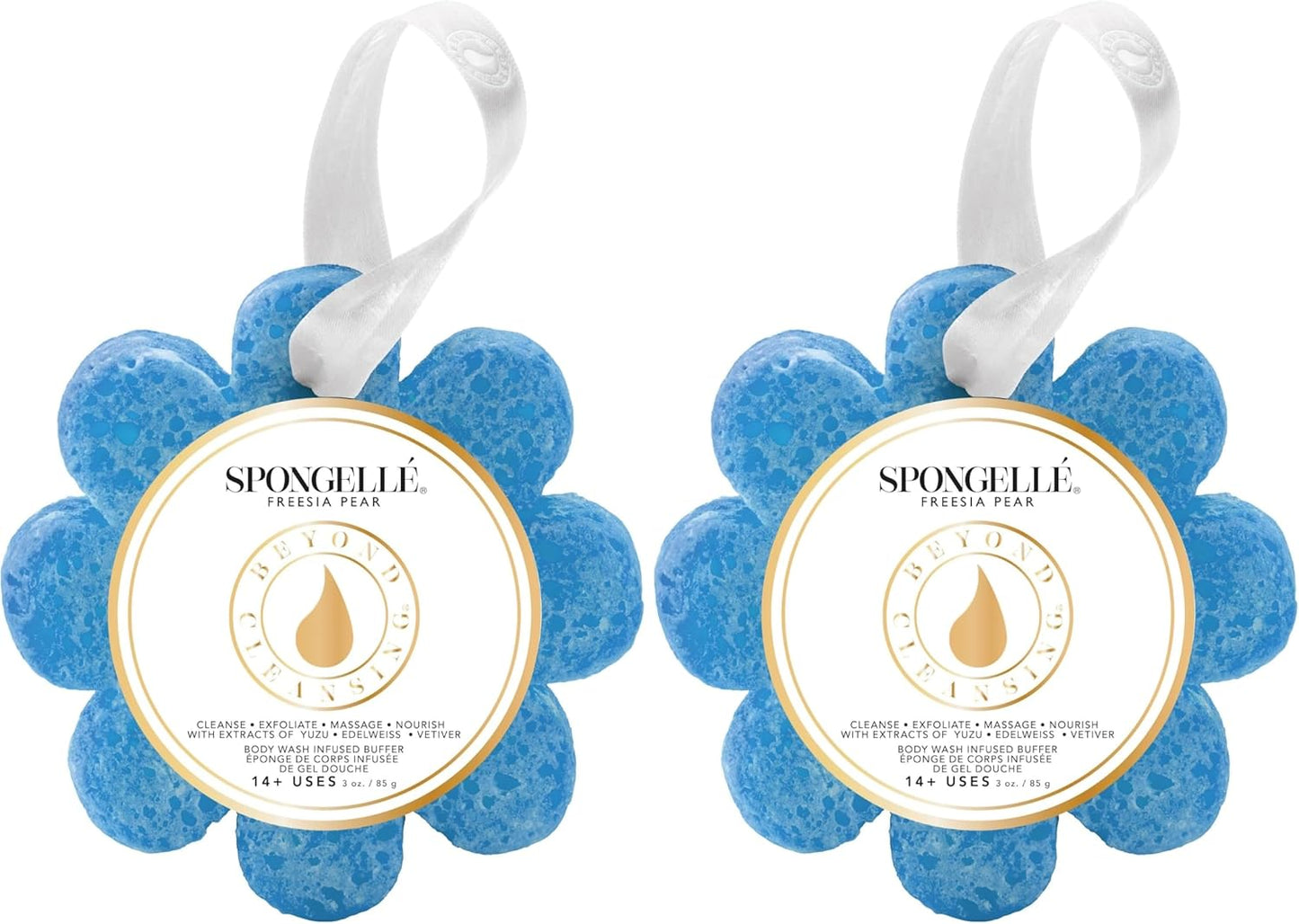 SPONGELLÉ Spongelle Freesia Pear Wild Flower Buffer Body Scrubber | Bath & Shower Loofah for Women | Exfoliator with Body Wash Infused Sponge | 14+ uses (Pack of 2)