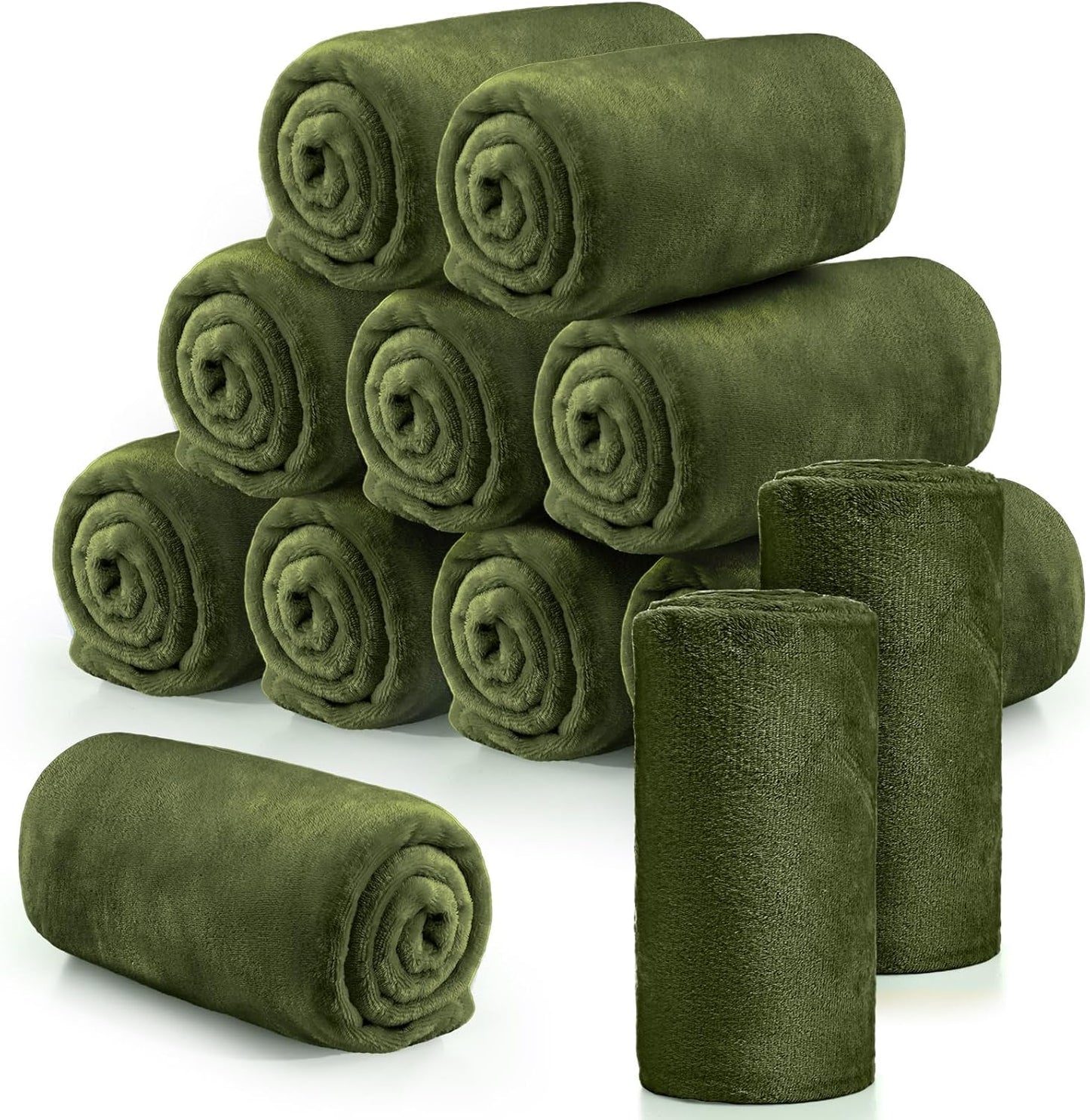Tinideya 12 Pcs Flannel Fleece Throw Blanket Bulk 50 x 60 Inch Soft Fleece Blanket Warm Throw Blanket Coral Blankets for Couch Sofa Home Wedding Gifts Season (Army Green)