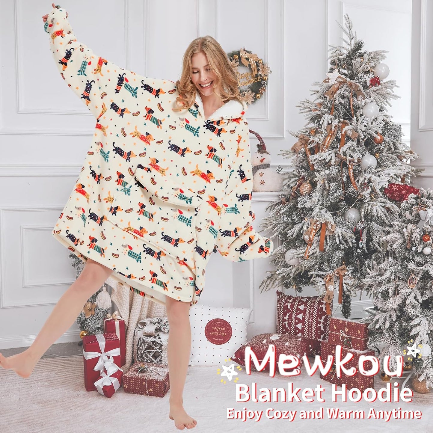 Wearable Blanket Hoodie for Adult,Oversized Sherpa Fleece Blanket Hoodie for Women Men,Dachshund