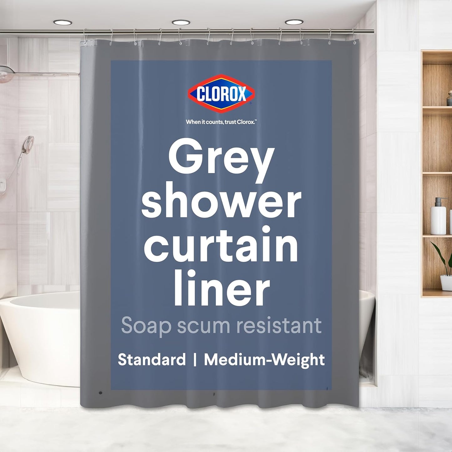CLOROX Shower Curtain Liner, Premium Colored Medium-Weight Durable Waterproof 6g PEVA for Bathroom with Weighted Magnets, Standard Size 72" x 72", Grey
