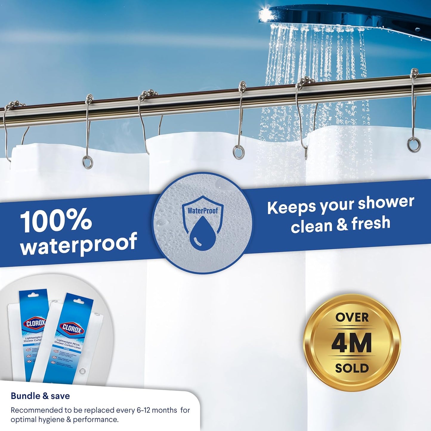 CLOROX Shower Curtain Liner, Premium Lightweight Durable Waterproof 4g PEVA for Bathroom with Weighted Magnets, Standard Size 70" x 72", Frosty 2 Pack