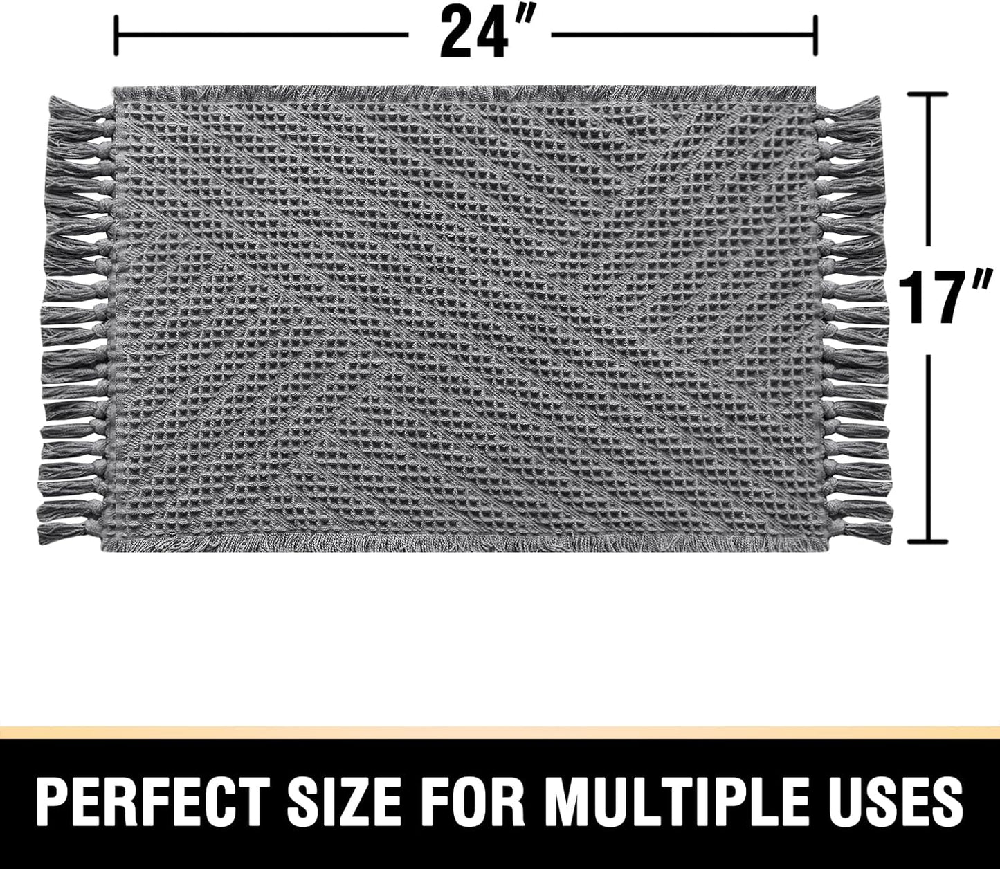 H.VERSAILTEX Waffle Bath Mat Super Absorbent Boho Bath Mat Non Slip Bath Rugs for Bathroom Floor Machine Washable Dry Fast Bathroom Rugs with Tassels, 17" x 24", Gray