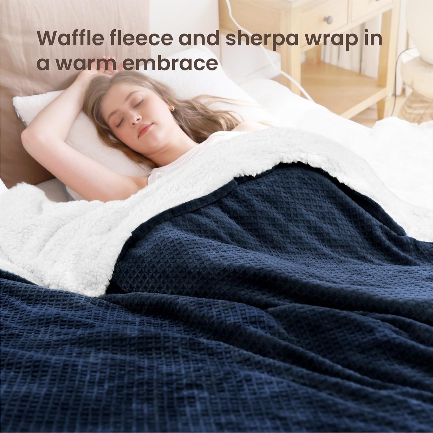 Heated Blanket Electric Blanket Full Waffle,72x84 Inches Sherpa Fleece Fast Heating Blanket 6 Heating Levels & 10 Hours Auto Off ETL Certification, Navy Full