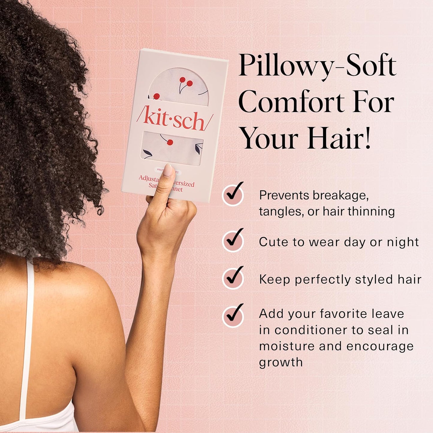 Kitsch XL Satin Bonnet for Sleeping - Softer Than Silk Bonnet For Sleeping Women - Secure Fit, Adjustable, Night Cap For Curly & Textured Hair - Prevents Breakage, Tangles & Thinning - Cherry Print