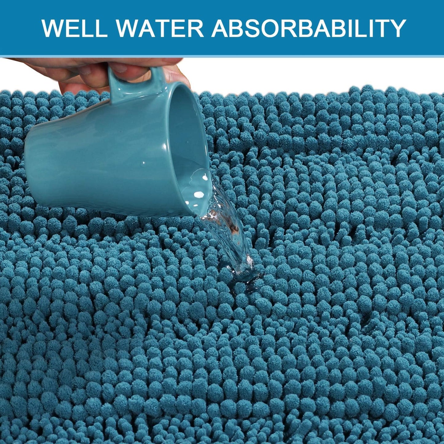 H.VERSAILTEX Bath Rugs for Bathroom Non Slip Bath Mats Extra Thick Chenille Striped Bath Rug Runners 47" x 17" Absorbent Fluffy Soft Shaggy Mats Plush Area Carpet for Bath Room - Turquoise Blue