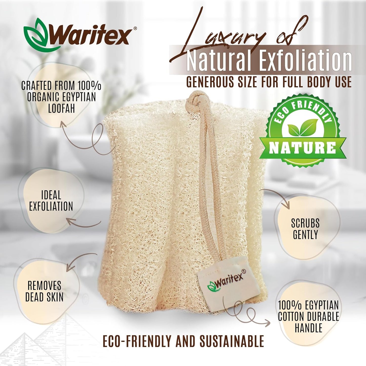 Waritex Premium Natural Egyptian Loofah Sponges, Made from 100% Natural Organic Material, Gentle Skin Exfoliation, and Full-Body Spa Experience – Eco-Friendly Loofah 3 Count (1 Pack)