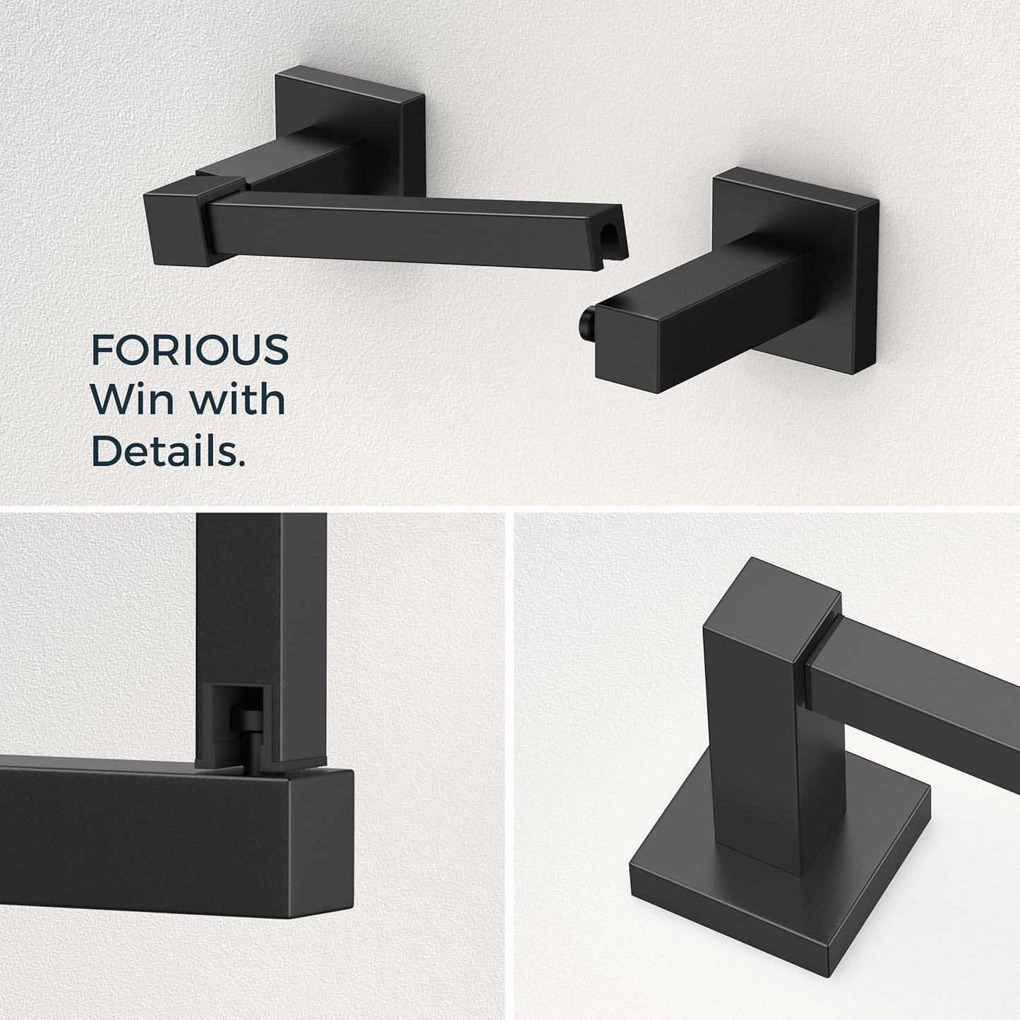 FORIOUS Toilet Paper Holder Wall Mount and Hand Towel Ring Set, SUS 304 Stainless Steel Double Post Pivoting Tissue Roll Holder, Modern Bathroom Hardware Accessories Set, Matte Black