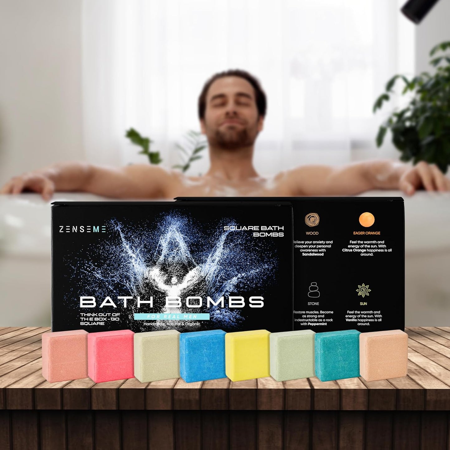 Bath Bombs for Men - Gift Set of 8 Scented Organic Handmade Natural Bath Bombs of 2.5 oz w/Natural Essential Oils, Unique Extra Strength Manly Scents, for Boyfriend, Husband, Father - Square Shape