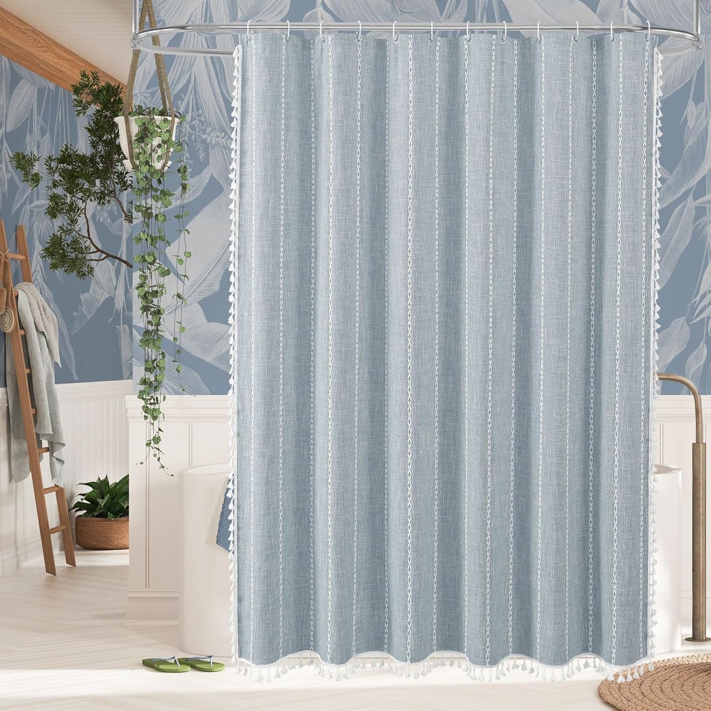 MitoVilla Boho Extra Long Shower Curtain 72 x 84, Blue 84 inch XL Polyester Linen Tassel Fabric Shower Curtain Set with Hooks for Vintage Country Farmhouse Bathroom Decor, Thick & Wrinkle Resistant