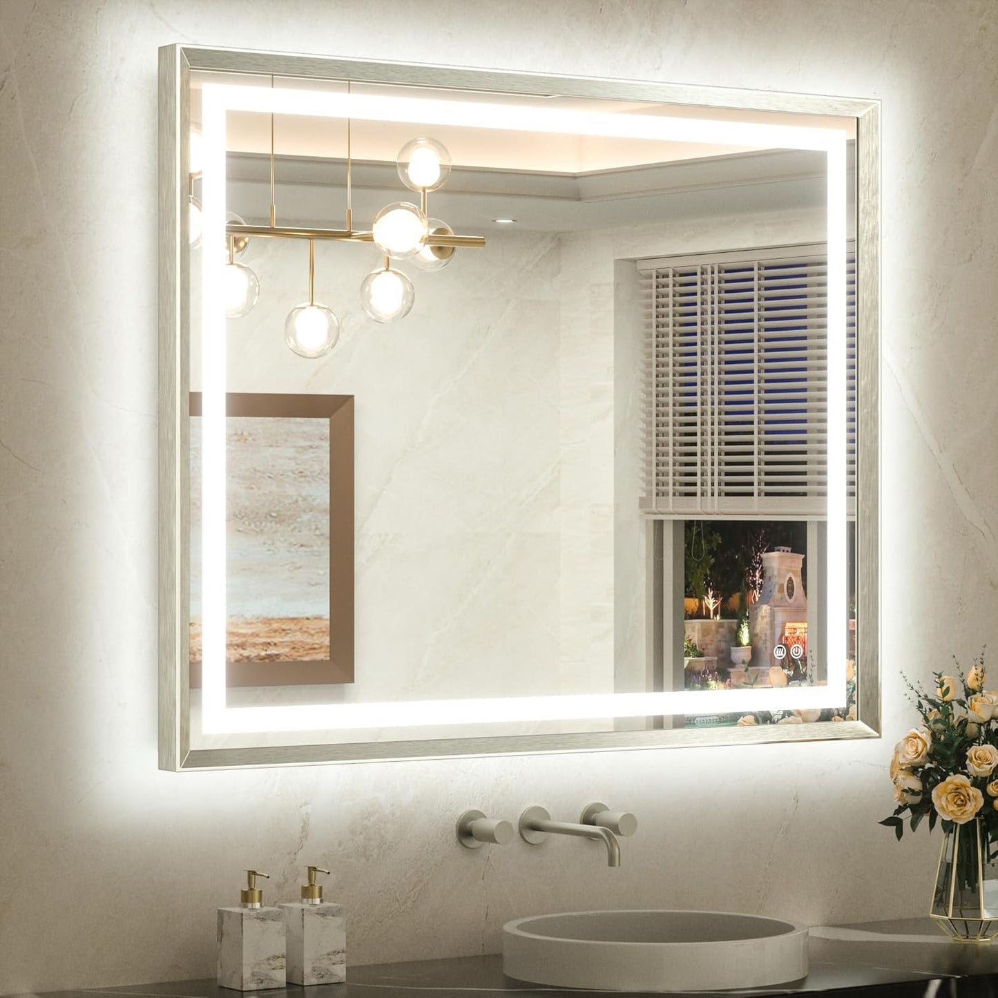 TETOTE 42 x 36 Led Mirror Brushed Bright Nickel Metal Frame Frontlit & Backlit Vanity Mirror Anti-Fog Stepless Dimmable 3 Colors White/Warm/Natural Wall Mirror with Lights Wall-Mounted