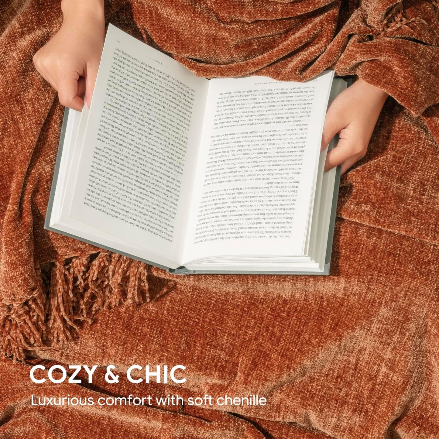 RECYCO Throw Blanket Soft Cozy Chenille Throw Blanket with Fringe Tassel for Couch Sofa Chair Bed Living Room Gift (Rust, 50" x 60")