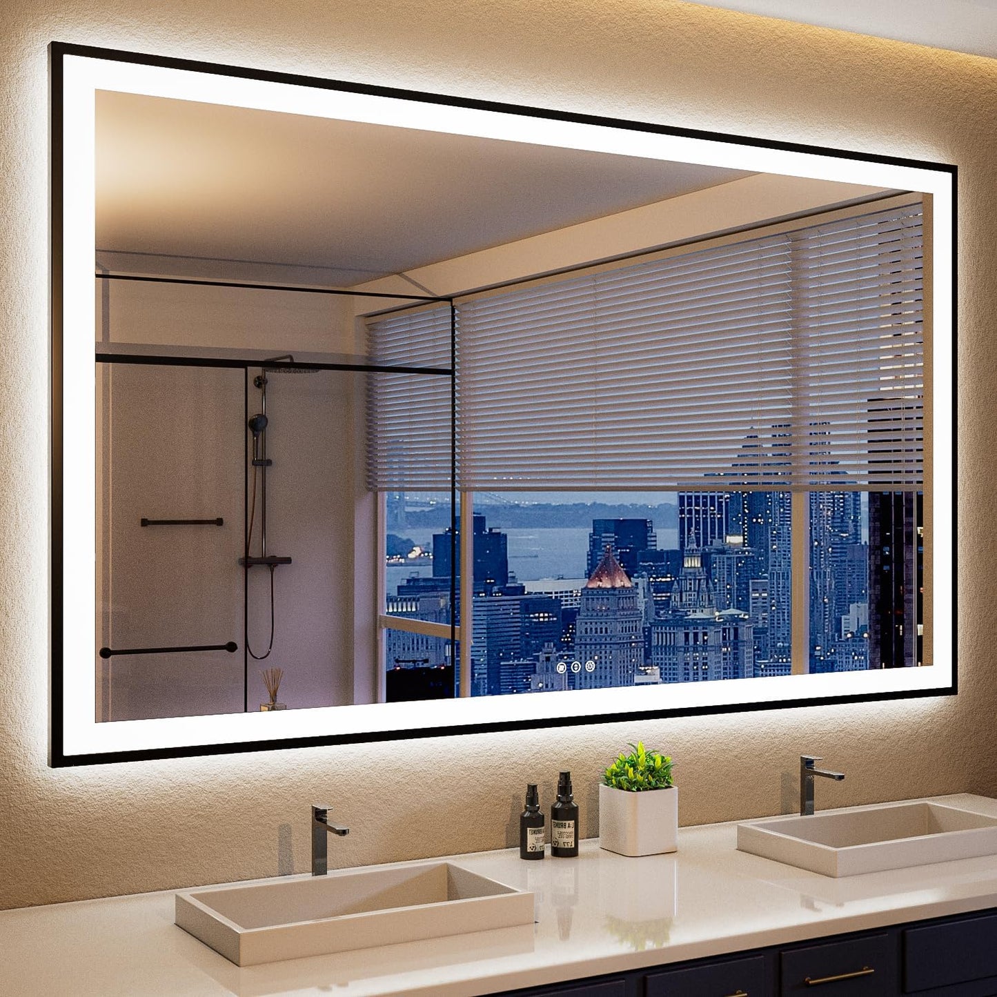 ISKM Framed LED Mirror for Bathroom 60"x40", Dimmable LED Bathroom Mirror with Lights, Anti-Fog, Front and Backlit Lighted Mirror 3-Colors, Shatterproof, Memory Function