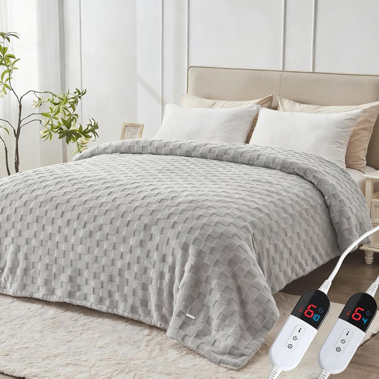 Electric Heated Blanket Queen Size Dual Control - Jacquard Checkered Sherpa 84"x90" Fast Heating Bed Blankets with 6 Heating Levels & 10 Hours Auto Off, Over-Heat Protection ETL, Light Gray