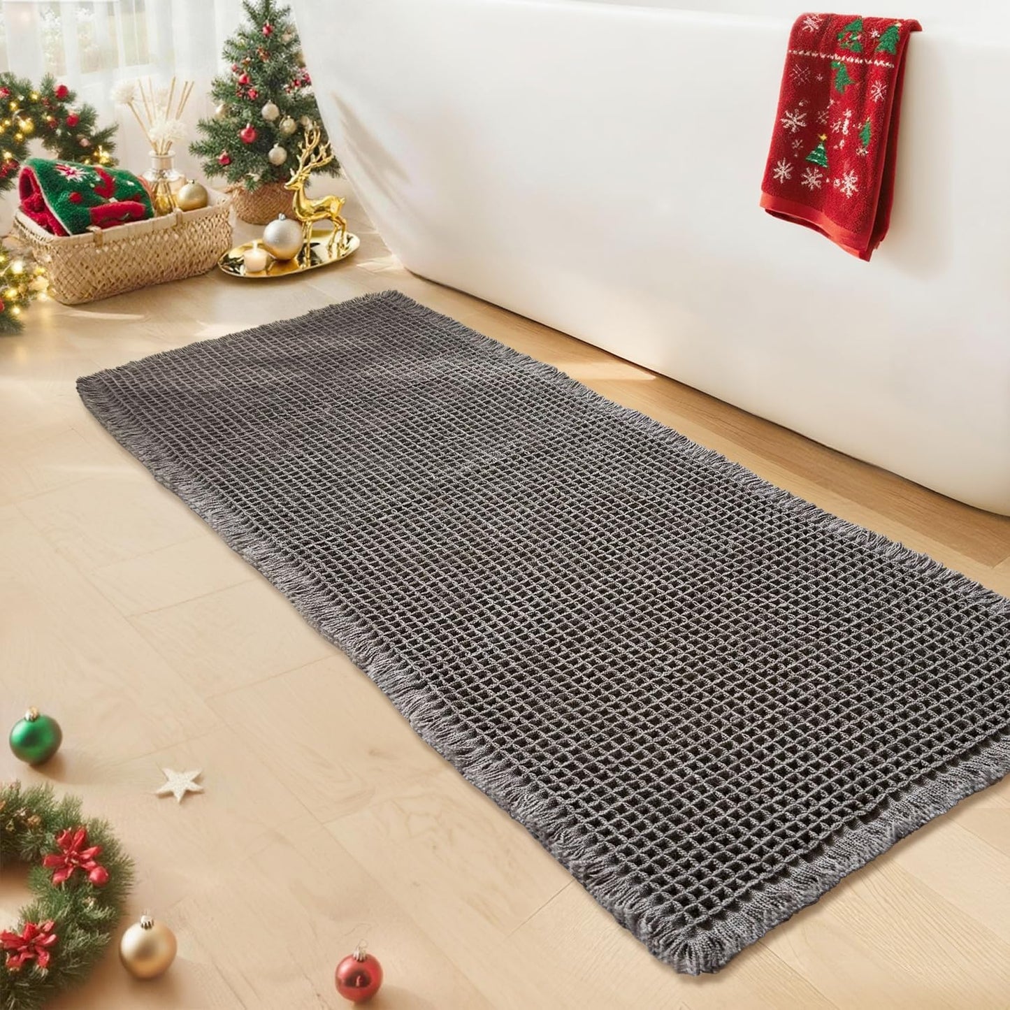 Waffle Runner Bath Mat - Long Boho Bathroom Rugs Non Slip Washable, Super Absorbent & Quick Dry, Soft Bath Mat Farmhouse Bathroom Decor, 24'' x 72'', Dark Grey