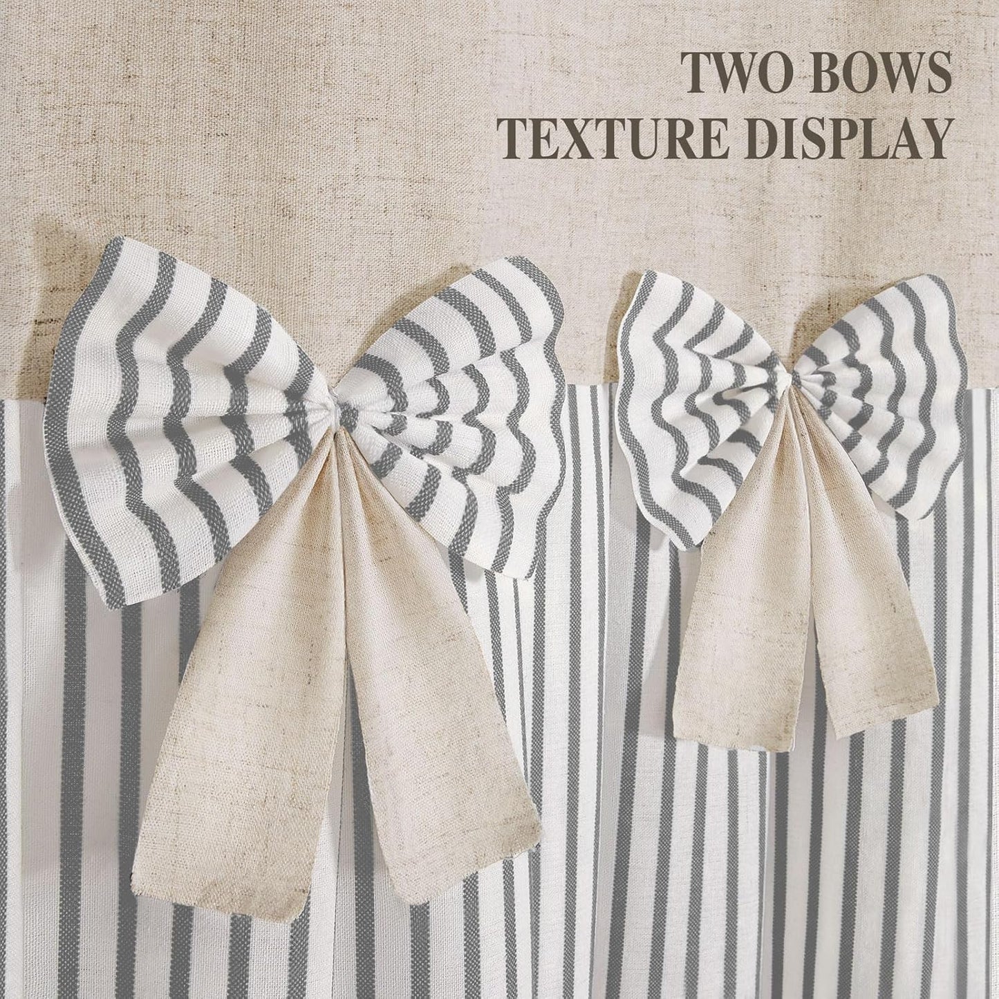 Farmhouse Shower Curtain Linen Bow Woven Fabric Country Rustic Western, Pleated Green Stripe 72" W x 72" L