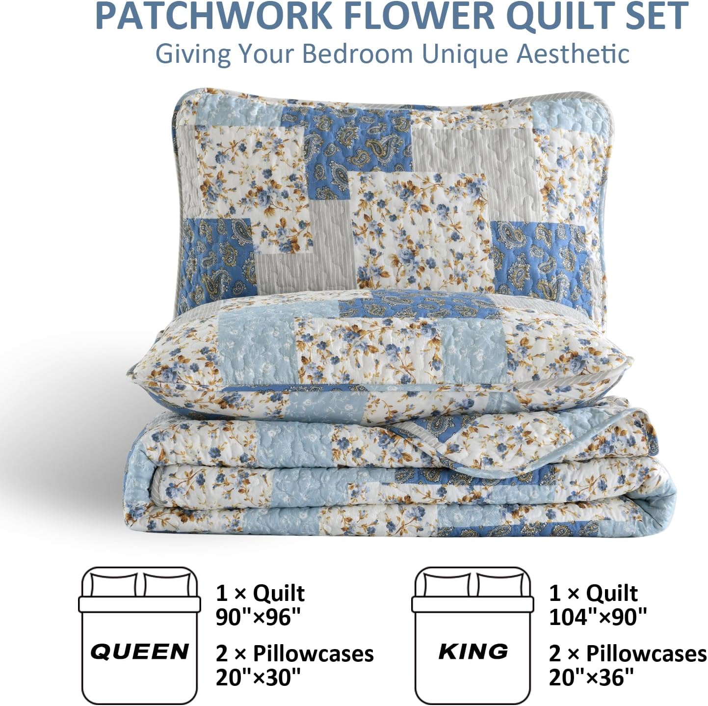 Mybedsoul Light Blue Quilt Set King Size, 3 Pieces Boho Plaid Floral Bedspread Set Microfiber Lightweight Bohemian Bedding Bedspread Coverlet Set for All Season 90"x104"