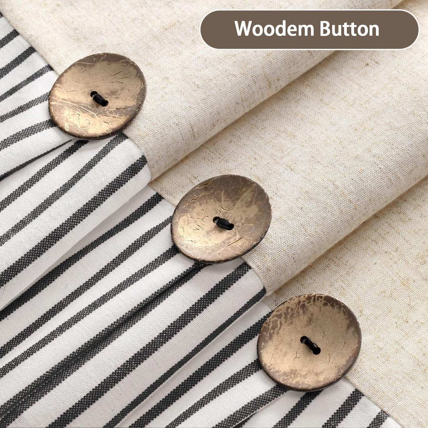 Farmhouse Shower Curtain Linen Button Woven Fabric Country Rustic Western, Pleated Black Stripe 72" W x 72" L