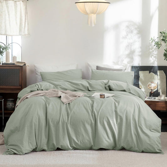 FOSSA Duvet Cover Set 100% Washed Cotton Linen Feel Super Soft Breathable Cozy Simple Style 3 Pieces Bedding Sets Solid Sage Green Super King Plus
