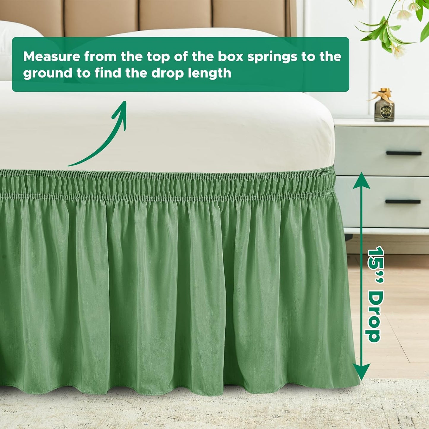 Biscaynebay Wrap Around Bed Skirts for Full & Full XL Beds 15" Drop, Sage Adjustable Elastic Dust Ruffles Easy Fit Wrinkle & Fade Resistant Silky Luxurious Fabric Machine Washable