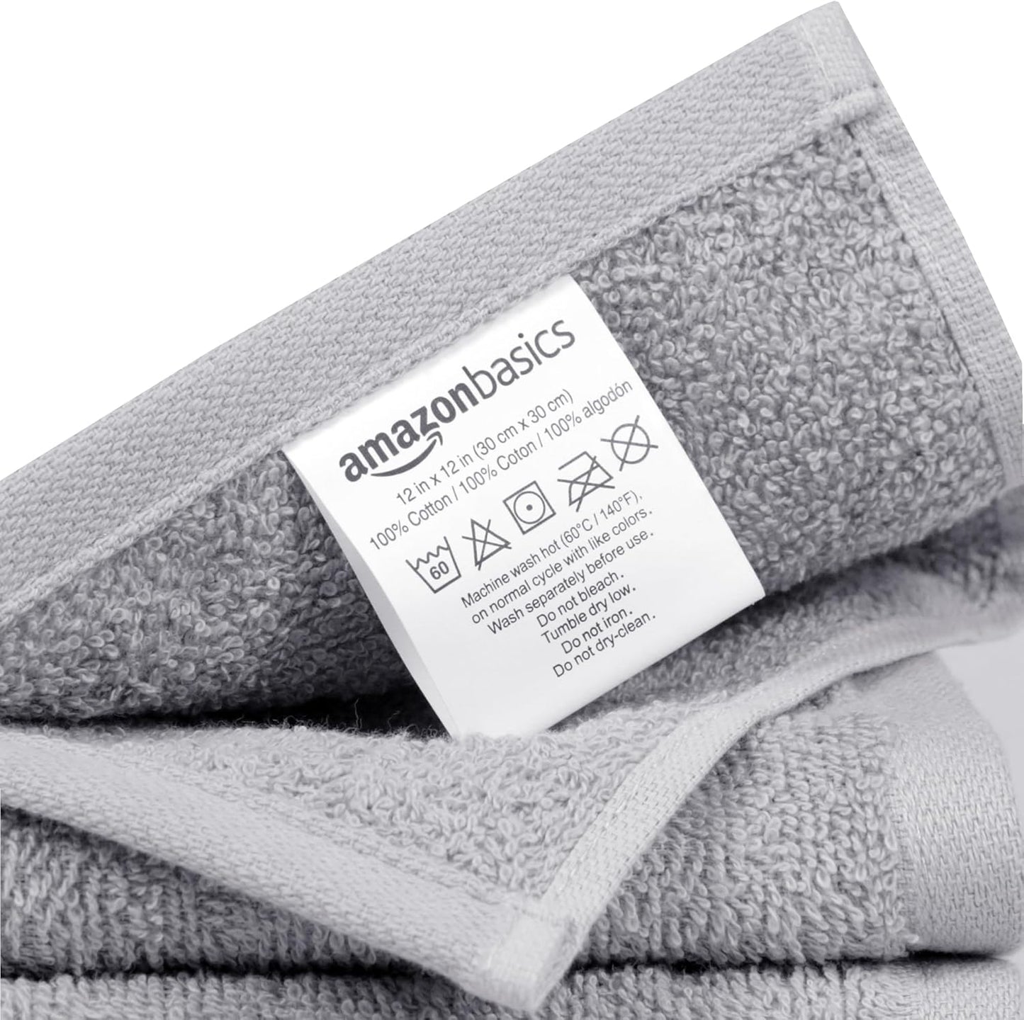 Amazon Basics Fast Drying Cotton Washcloths for Bathroom, Machine Washable, Extra Absorbent, 12 x 12 in, Gray, 24-Pack
