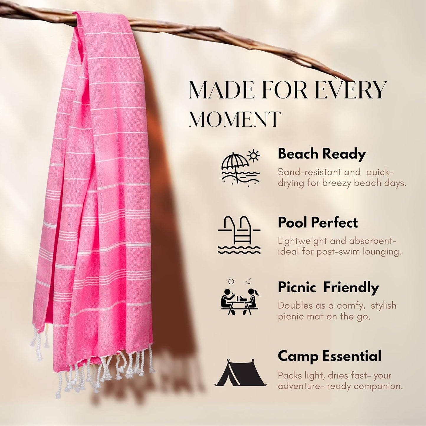 Native Fab Oversized Turkish Towels 4 Pack, Quick Dry, Lightweight, Durable, Absorbent, Sand Resistant, Multipurpose for Pool, Bath, Spa, Travel, Summer - Pink, Magenta, Indigo Blue, Grey