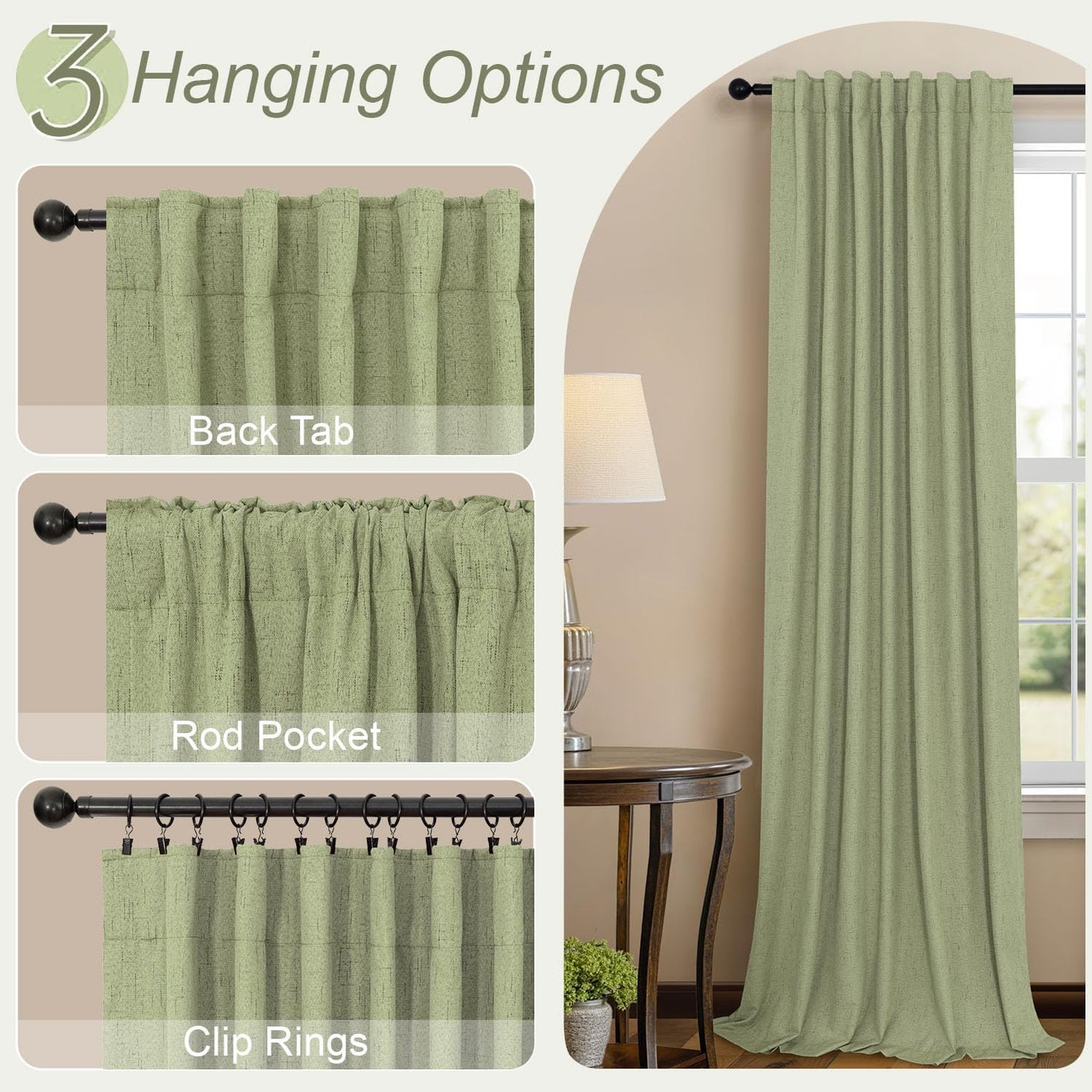 Light Sage Green Short Blackout Curtains for Small Bathroom Window Kitchen Door Back Tab Pocket 45 Inch Length 2 Panel Linen Look Noise Reducing Dampening Vintage Moody Curtain for Room Divider Closet