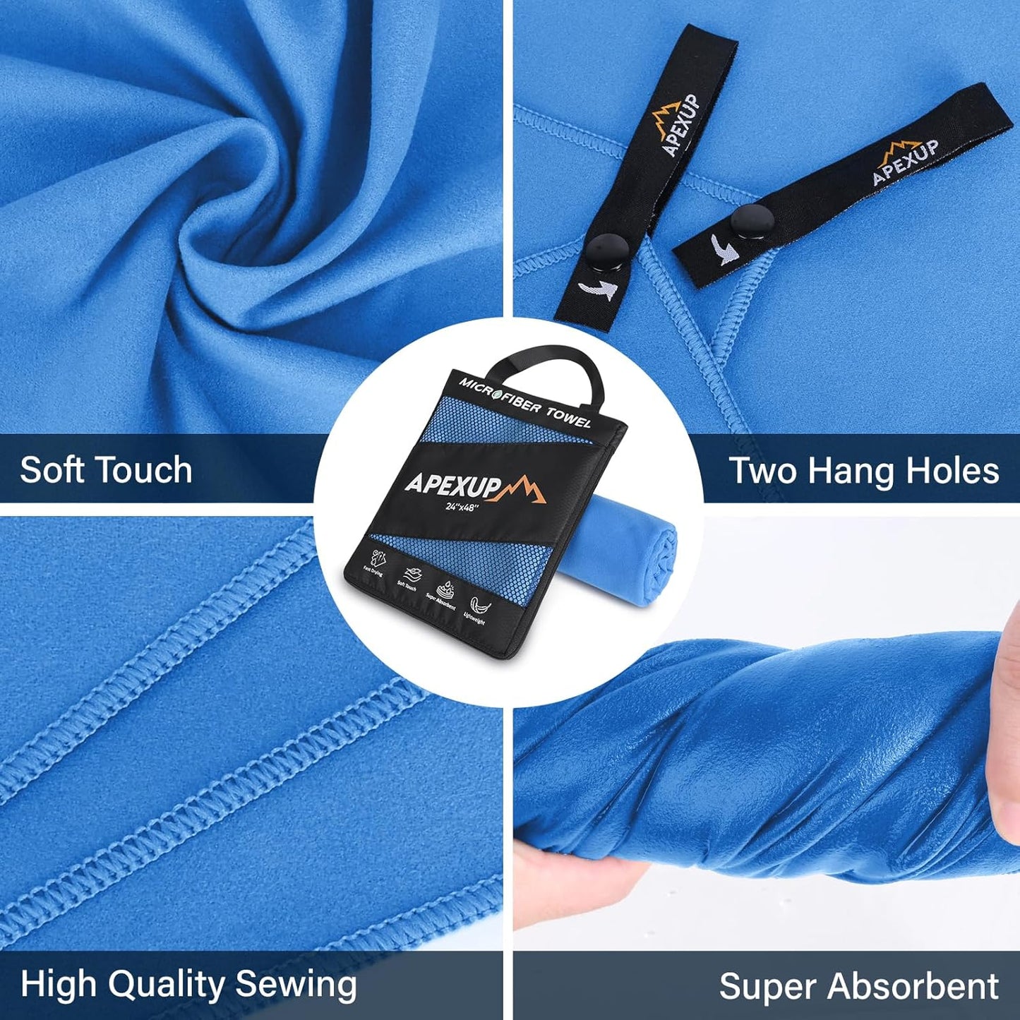 APEXUP Microfiber Travel Towel, Ultra Absorbent Quick Dry Towels, Lightweight Gym Sports Camping Towel for Workout, Yoga, Beach, Shower, Swimming (48"×24", Blue)