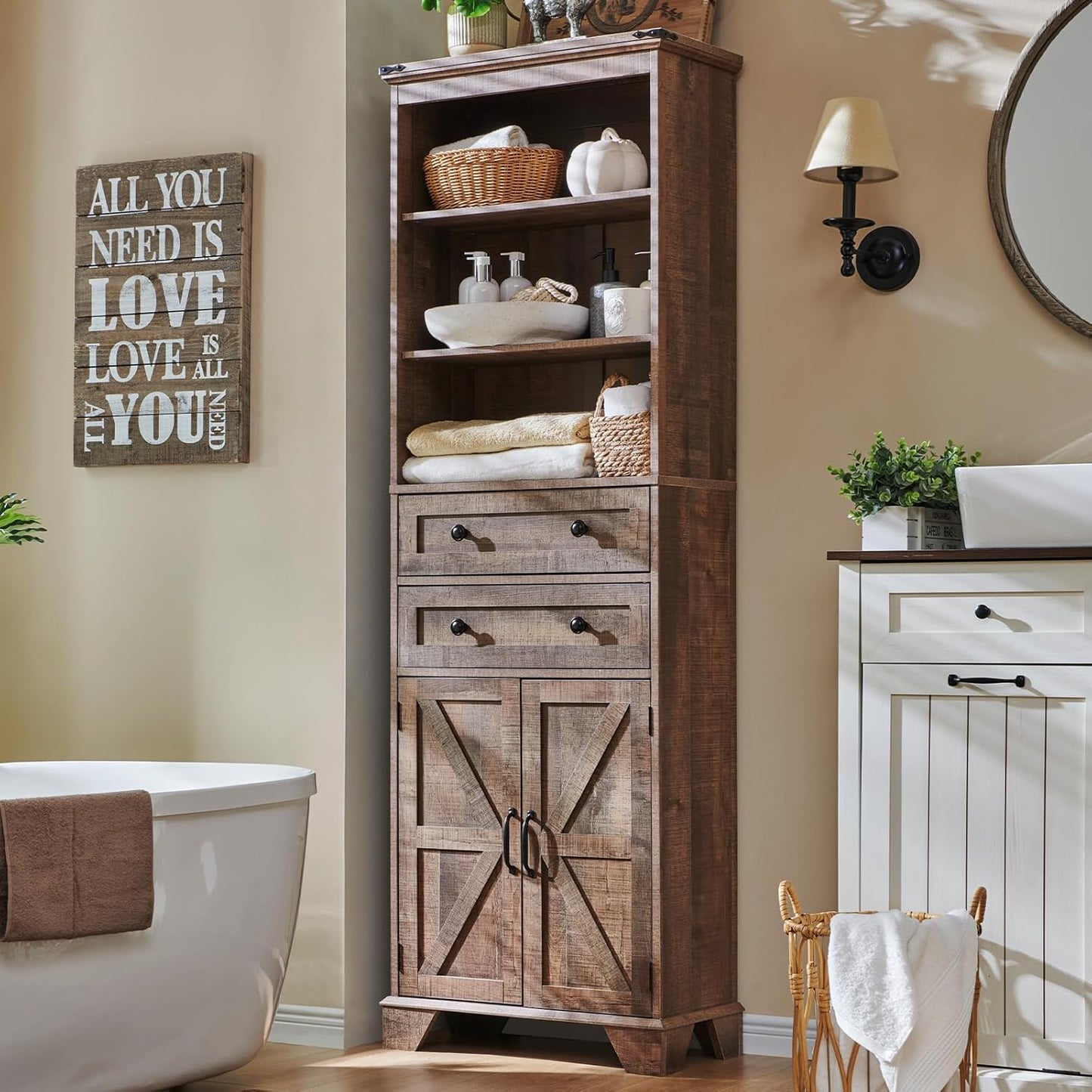 ACCOHOHO Farmhouse Bathroom Cabinet, 72" Tall Storage Cabinet with 2 Drawers, Adjustable Shelves & Barn Door, Cabinets for Bathroom, Living Room, Kitchen, Rustic Brown