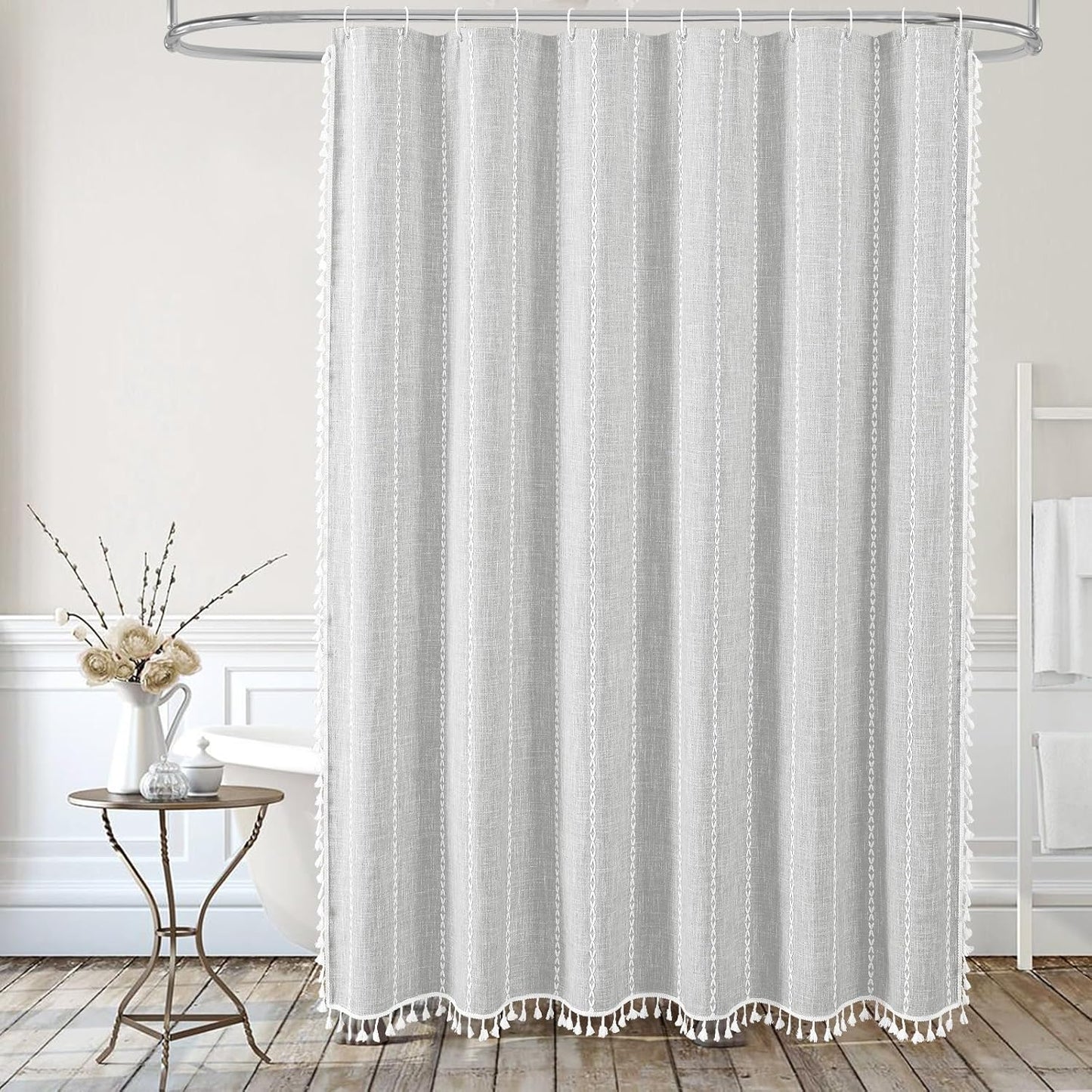 MitoVilla Boho Extra Long Shower Curtain 72 x 96, LightGrey Modern Farmhouse 96 inch XL Polyester Linen Texture Tassel Fabric Shower Curtain Set with Hooks for Cottagecore Country Bathroom Decor