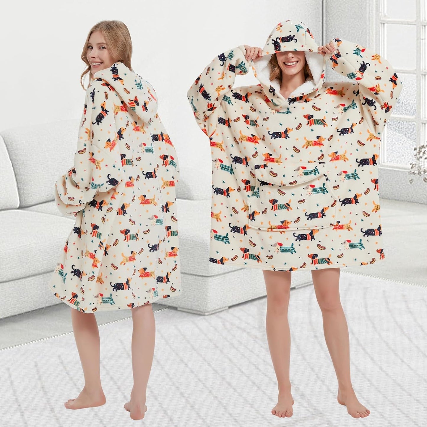 Wearable Blanket Hoodie for Adult,Oversized Sherpa Fleece Blanket Hoodie for Women Men,Dachshund
