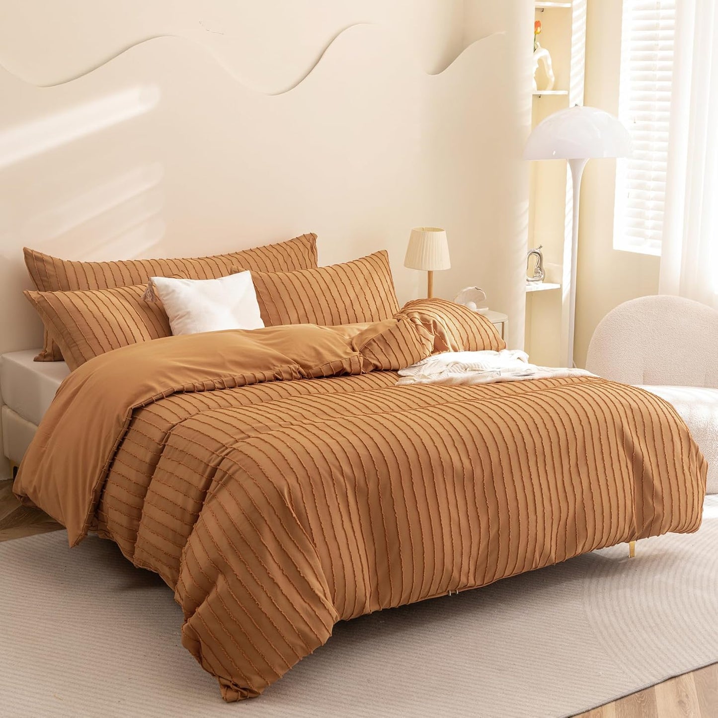 JELLYMONI Duvet Cover Twin Size Rust - 3PCS Boho Striped Duvet Cover Set Polyester Tufted Bohemian Textured Comforter Cover 68×90in with Corner Ties & Zipper and 2 Pillowcases