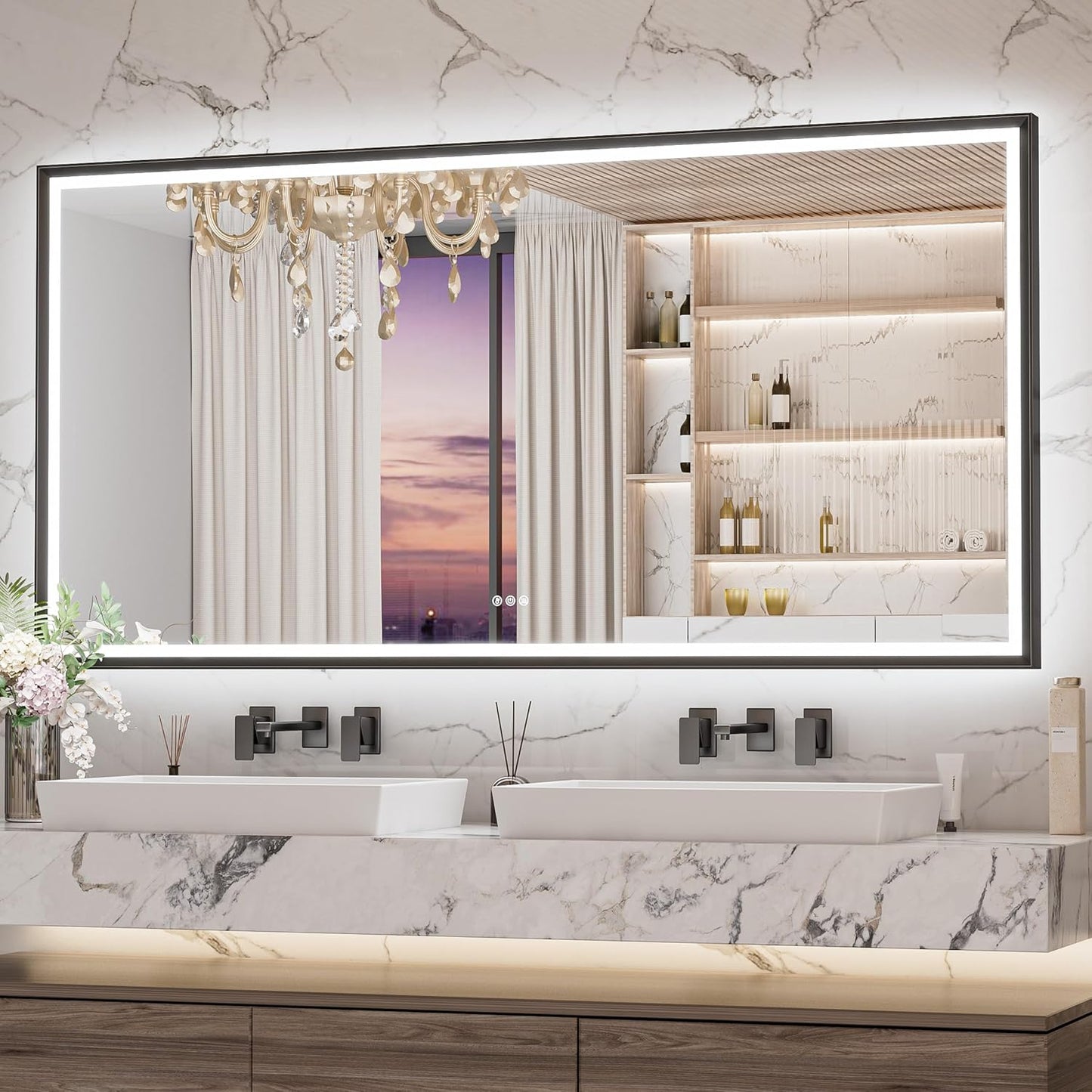 Keonjinn 72 x 36 Inch Bathroom Mirror with Frontlit & Backlit, Black Metal Framed Beveled Edge Mirror, Large LED Mirror with Anti Fog for Wall, Stepless 3-Color Temperatures, UL-Listed Driver