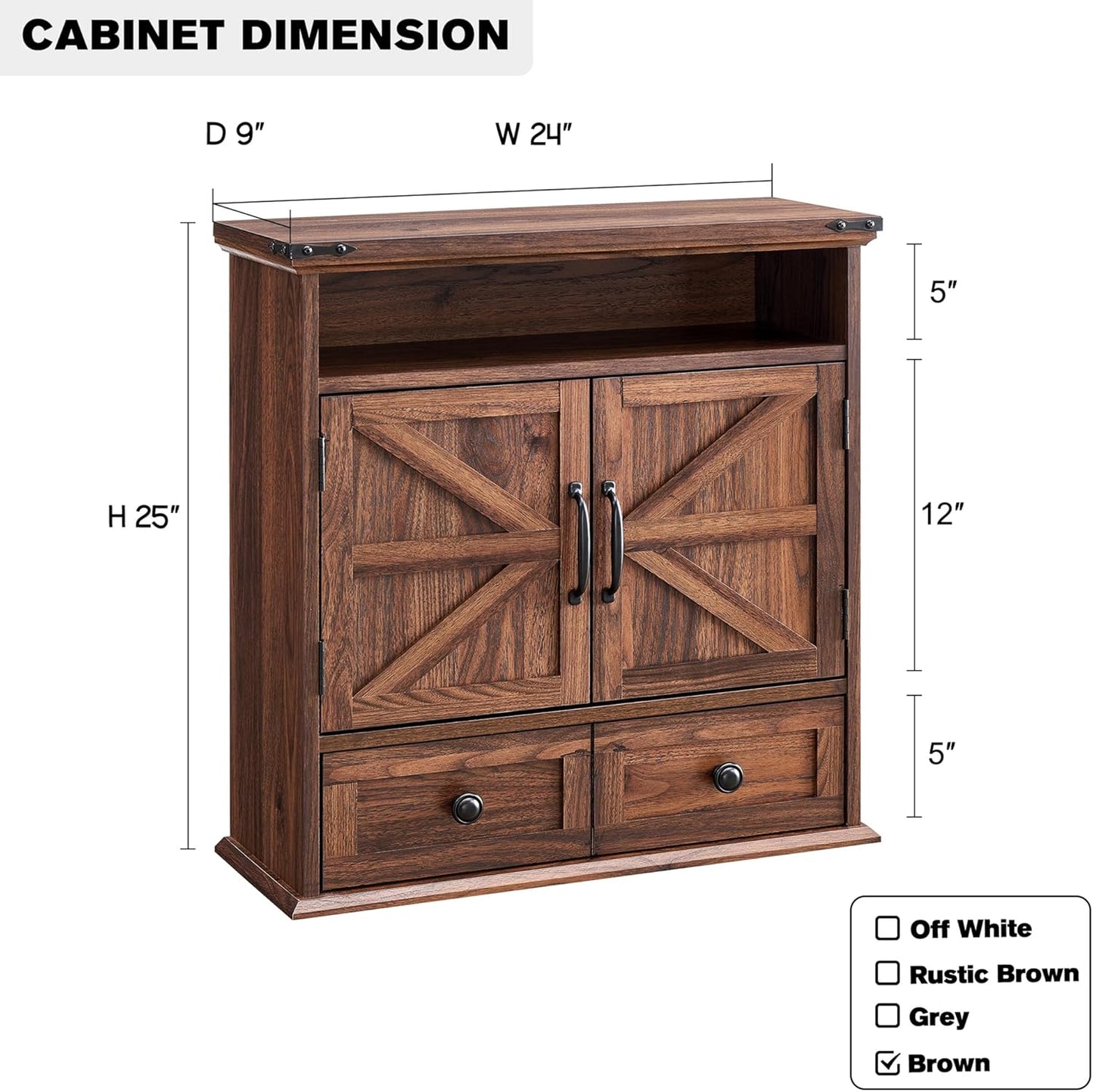 ACCOHOHO Bathroom Wall Cabinet, Farmhouse Medicine Cabinet, 24" Wide Cabinet with Drawer, Adjustable Shelf, Double Barn Doors, Storage Cabinet for Bathroom, Kitchen, Living Room, Brown