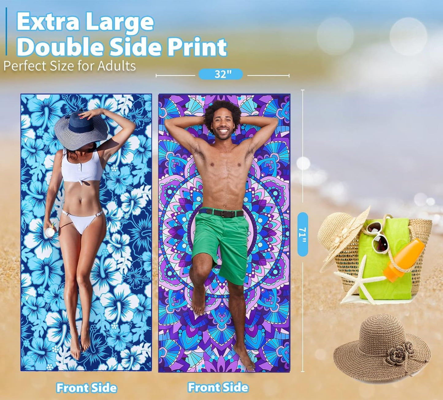 4 Pack Microfiber Thin Beach Towel Lightweight 71x32 Oversized Extra Large Sand Free Towels Quick Dry for Travel Pool Yoga Gym Sports Beach Accessories Vacation Essential Gift