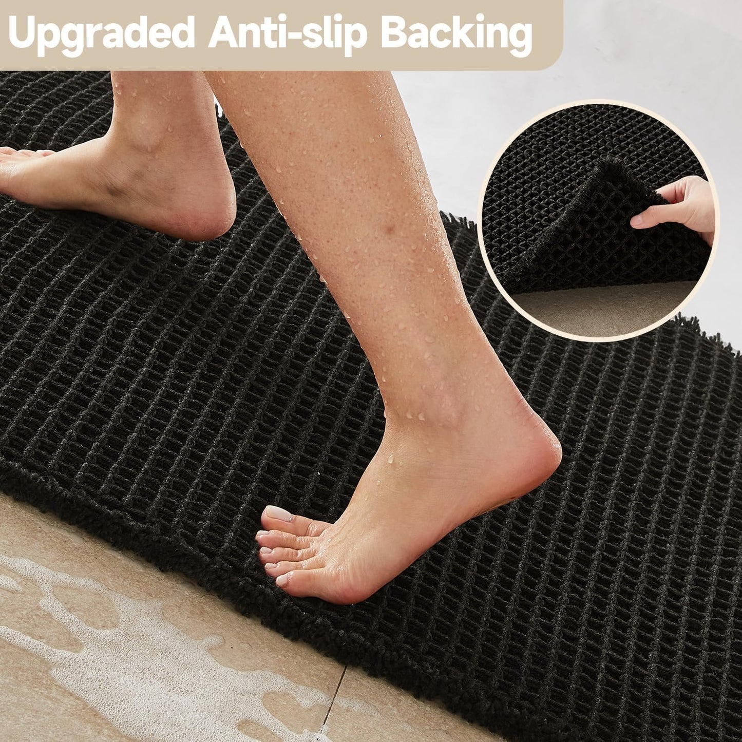 Black Bathroom Rug, Waffle Bath Mat Non Slip Washable Super Absorbent Quick Dry Boho Farmhouse Bathroom Decor, 48"x24" Black