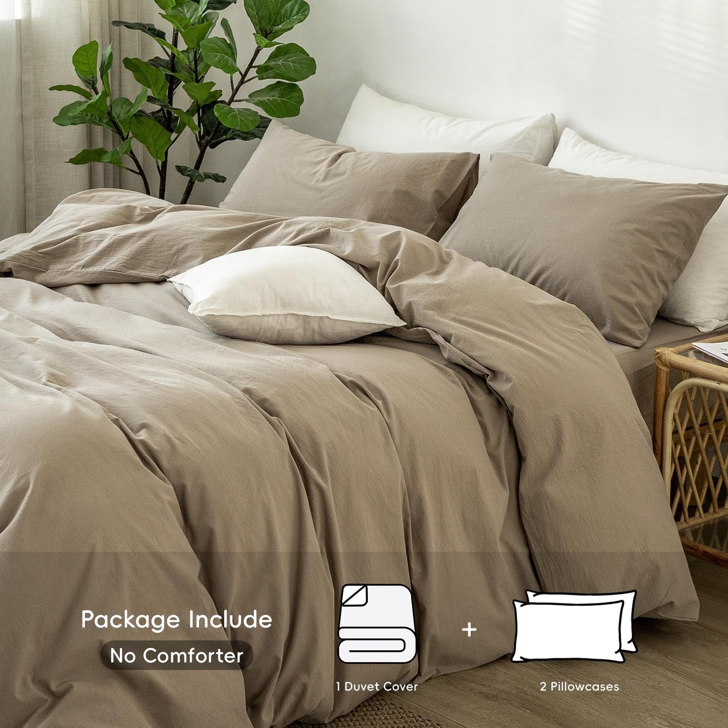 MooMee Bedding Duvet Cover Set 100% Washed Cotton Linen Like Textured Breathable Durable Soft Comfy (Solid Light Camel, Palatial King/Oversized King 120"x98")