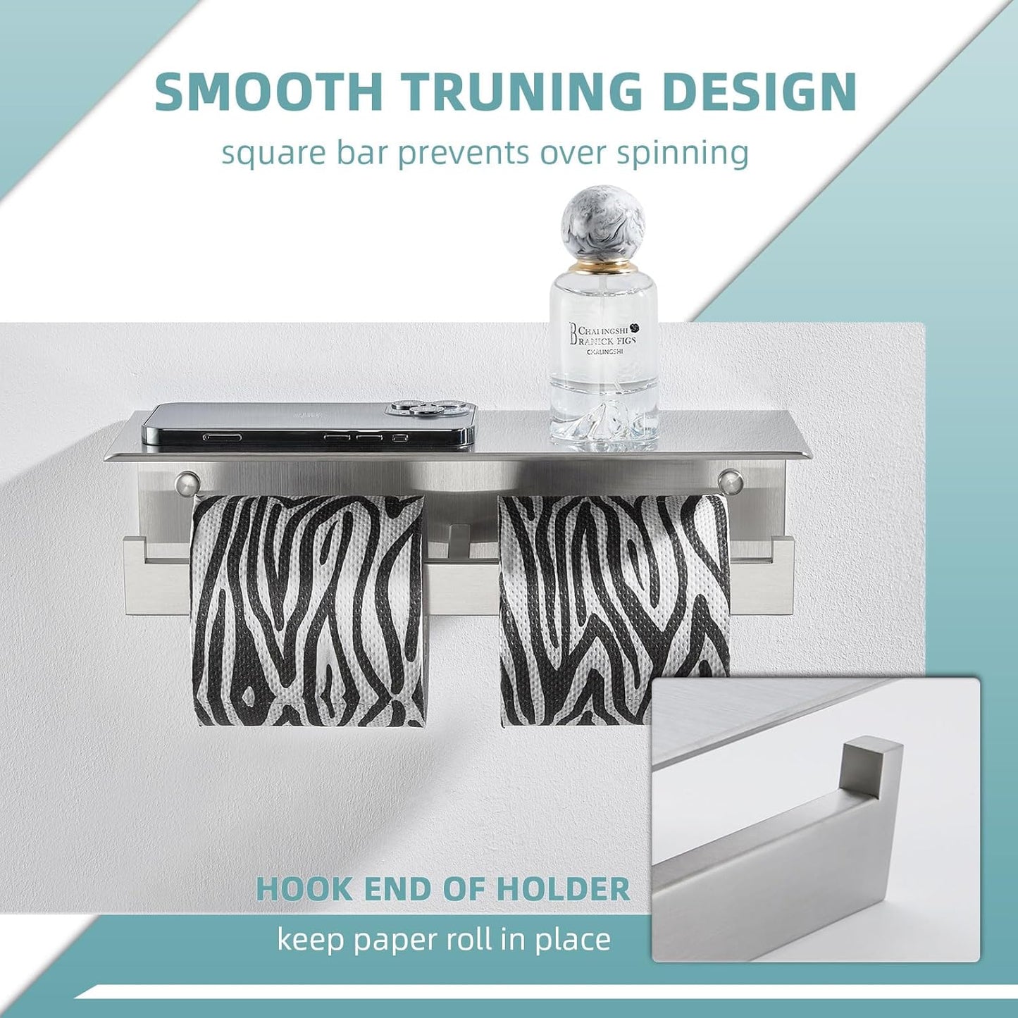 Angle Simple Double Toilet Paper Holder with Shelf, SUS 304 Stainless Steel Bathroom Lavatory Toilet Tissue Roll Holder Wall Mount, Brushed Nickel