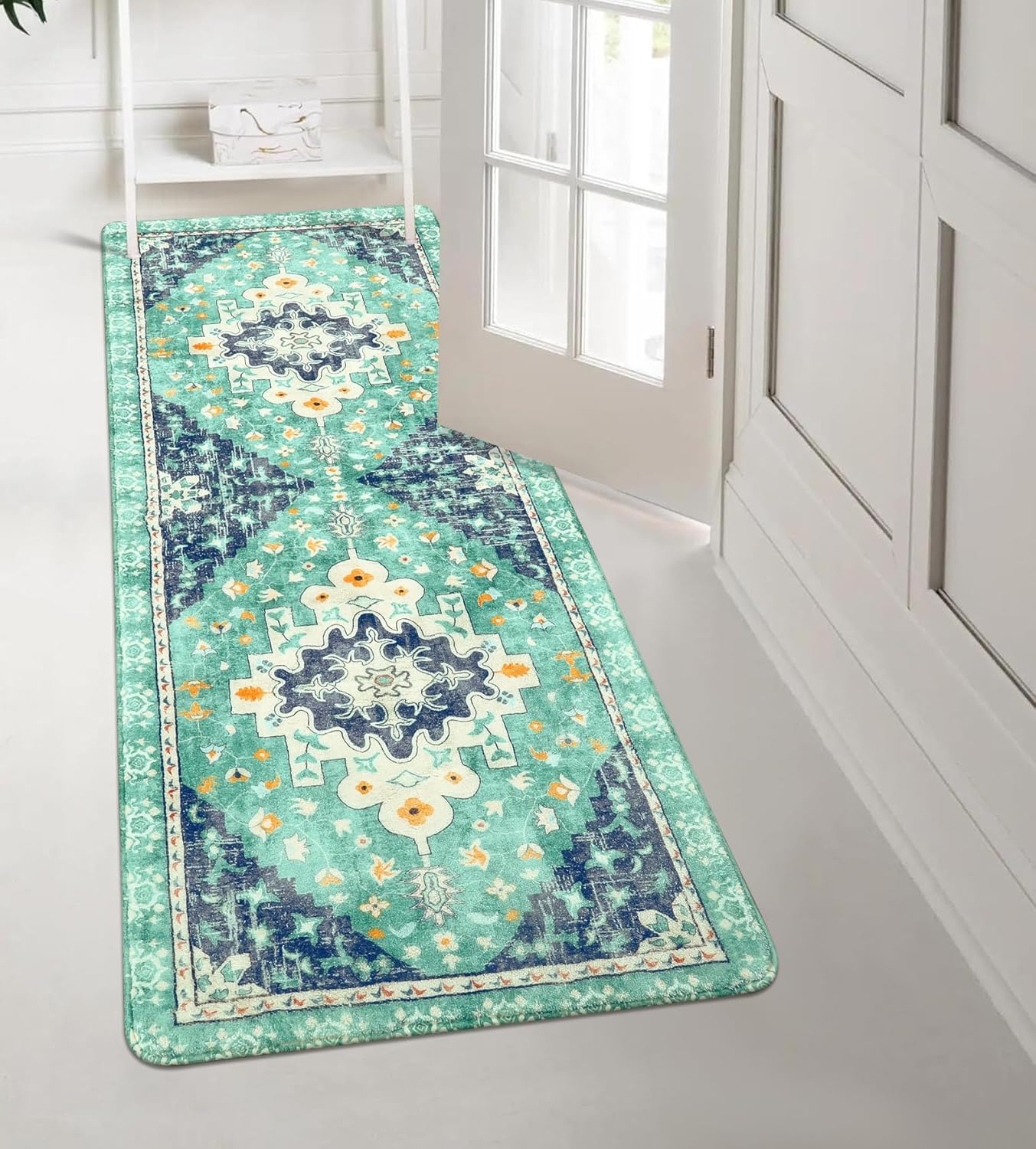 Uphome Boho Vintage Bathroom Runner Rug Green Non-Slip Soft Bedroom Rug Machine Washable Oriental Hallway Rug Traditional Tribal Floral Floor Mats for Kitchen Kids Room Entryway, 24x59 inch