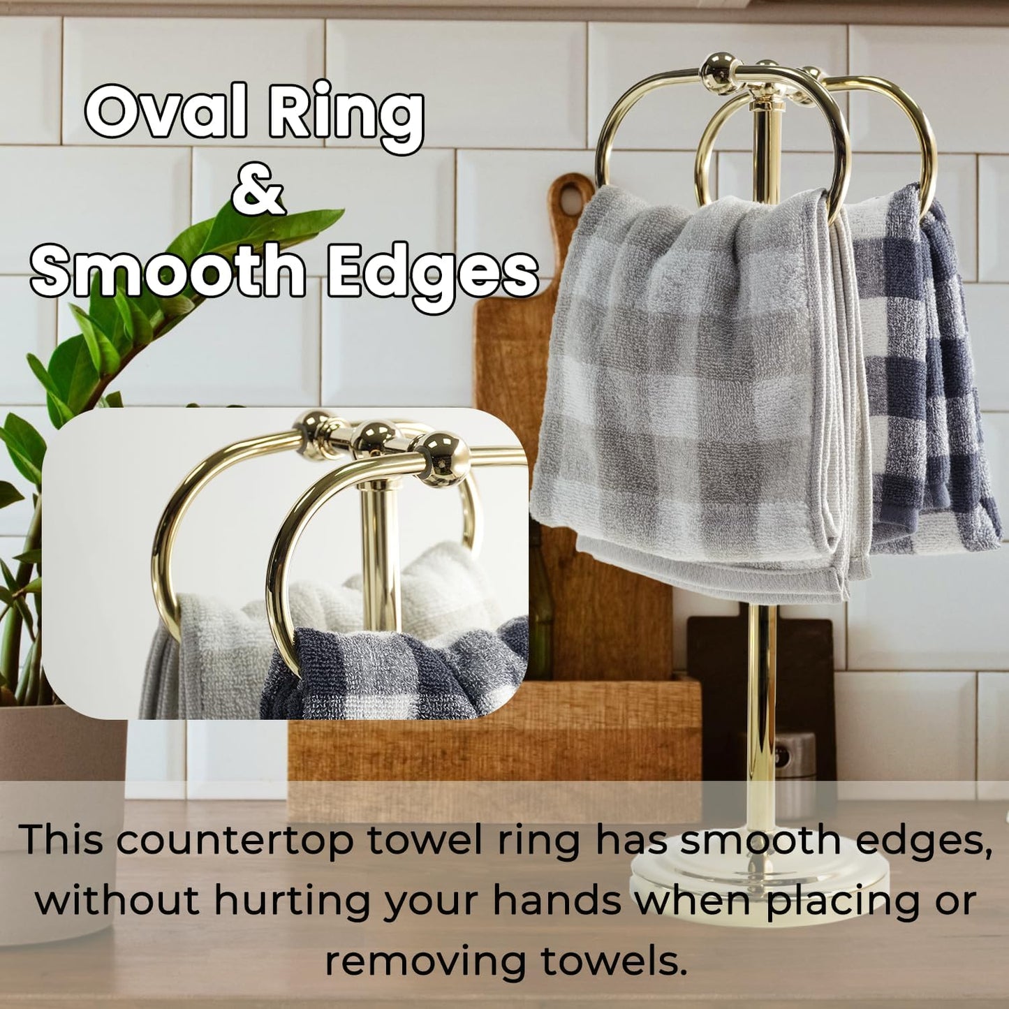 17 Inch Stainless Steel Hand Towel Holder Double Stand Hand Towel Ring for Washcloths or dishcloths Non-Slip Base Free Standing Towel Rack for Bathroom Kitchen (Gold)