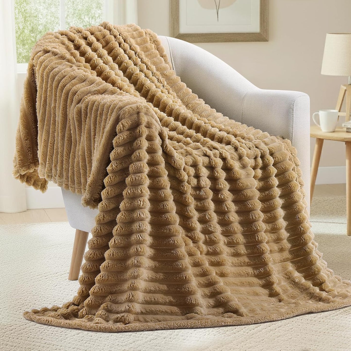 decorUhome Christmas Soft Fleece Brown Blanket Queen Size for Bed, Cozy Fluffy Plush Flannel Large Striped Throws for Couch Sofa, Lightweight Decorative Fuzzy Blanket for Woman, 90x90 Inches