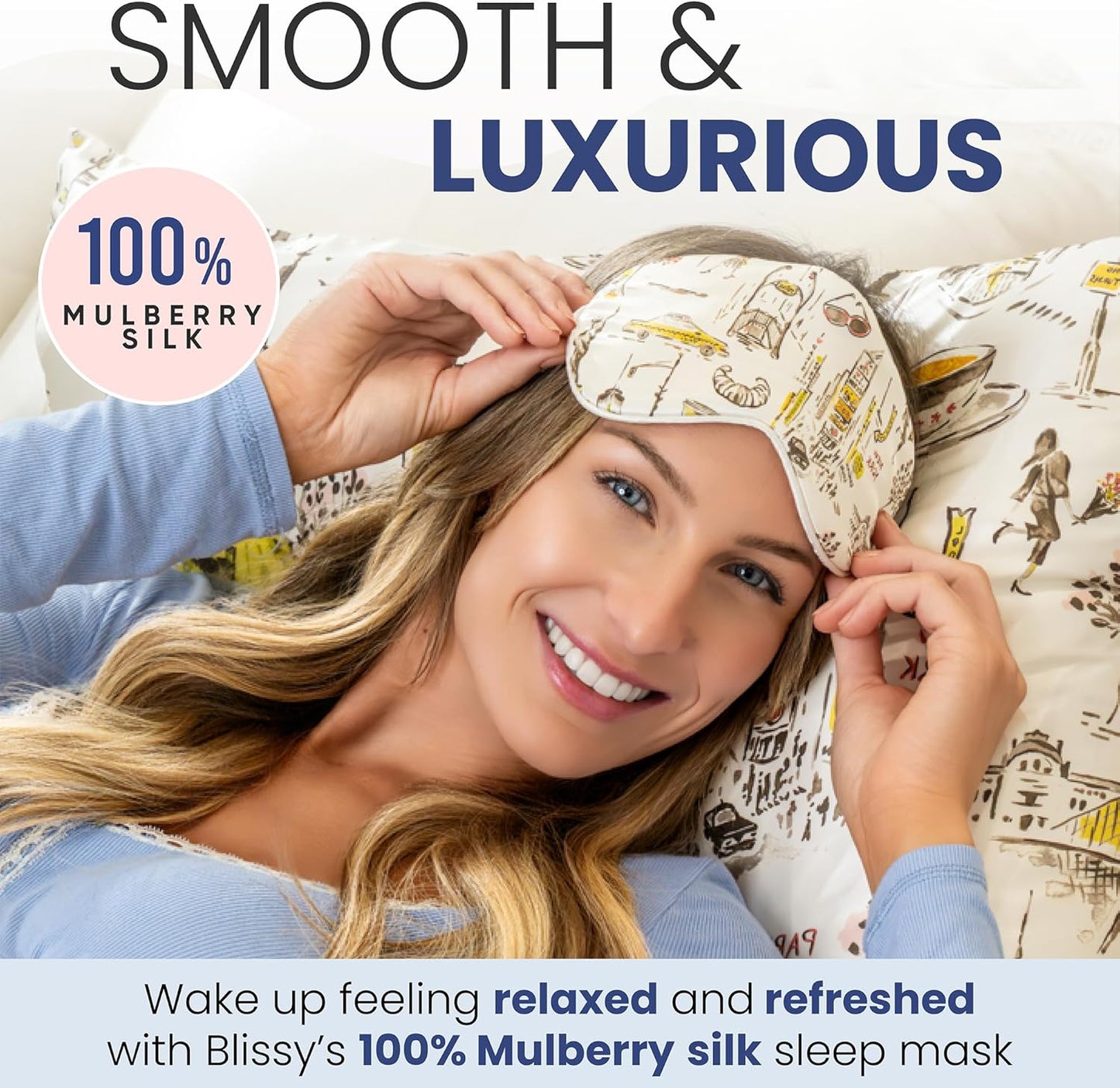 Blissy Silk Sleep Mask - Eye Sleeping Mask for Women & Men for Total Blackout - 100% Pure Mulberry Silk, 22 Momme 6a Fibers - Blindfold Sleep Mask Side Sleeper Eye Cover (NY to Paris)