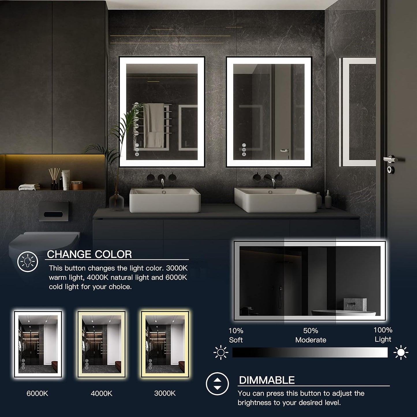 ISKM Framed LED Mirror for Bathroom 55"x36", Dimmable LED Bathroom Mirror with Lights, Anti-Fog, Front and Backlit Lighted Mirror 3-Colors, Shatterproof, Memory Function