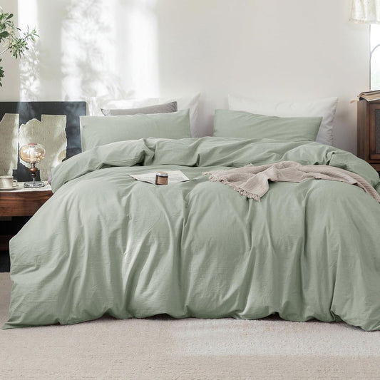 FOSSA Duvet Cover Set 100% Washed Cotton Linen Feel Super Soft Breathable Cozy 3 Pieces Bedding Sets Solid Sage Green Super King